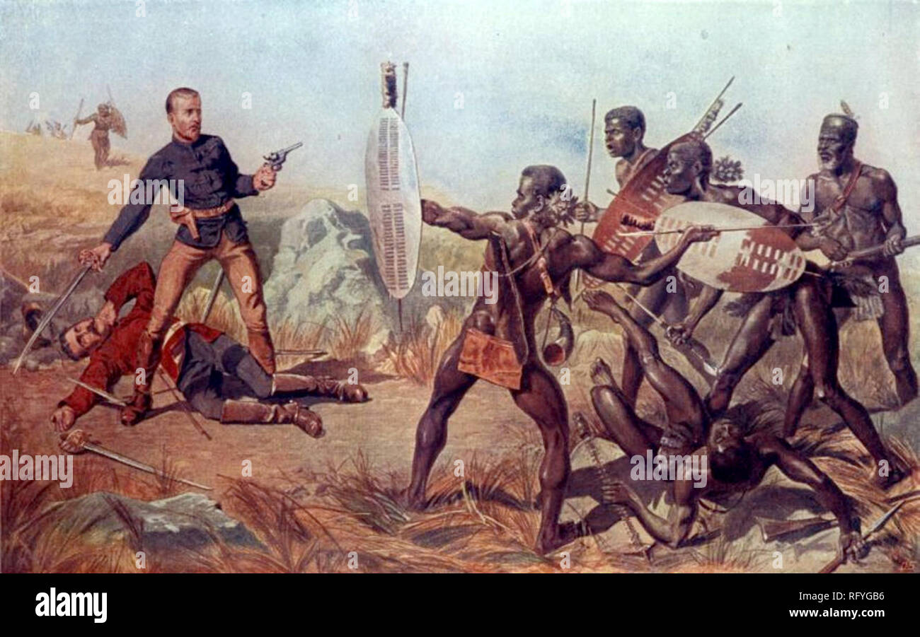 Lts Melvill e Coghill attaccato da guerrieri Zulu. Battaglia di Isandlwana Foto Stock