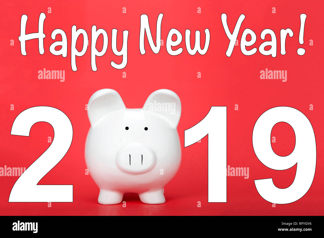 Felice Anno Nuovo Cinese, l'anno del maiale. Salvadanaio per zero nel testo del 2019. Foto Stock