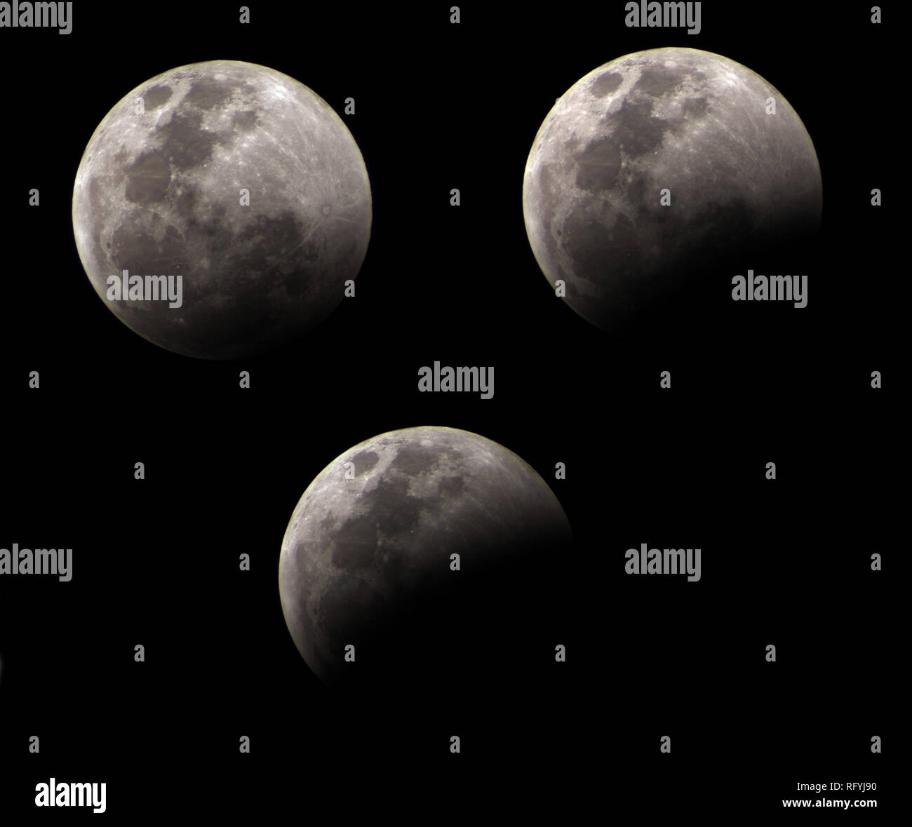 Eclissi lunare totale 2019 - varie fasi parziali Foto Stock