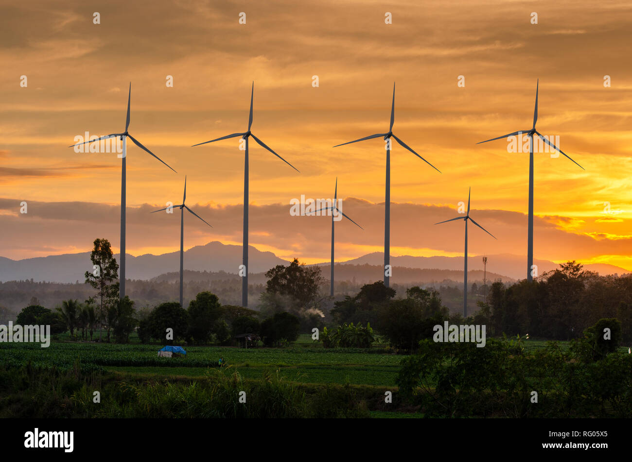 Turbina eolica energia ecologica Green power la generazione di energia. Wind Farm campo eco bellissimo cielo Thailandia Foto Stock