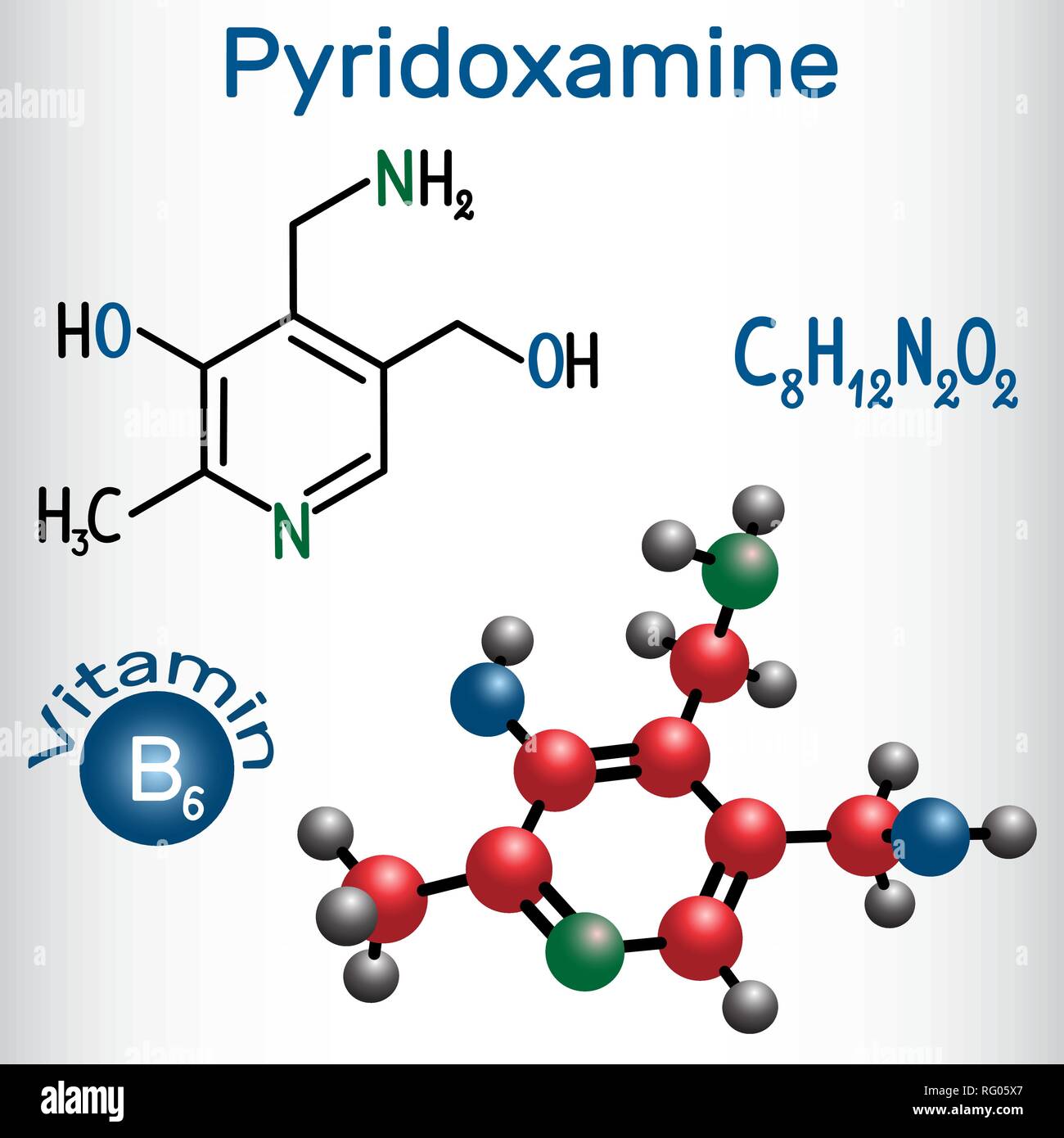 Molecola piridossamina: essa è una vitamina B6. Formula chimica di struttura e la molecola modello. Illustrazione Vettoriale Illustrazione Vettoriale
