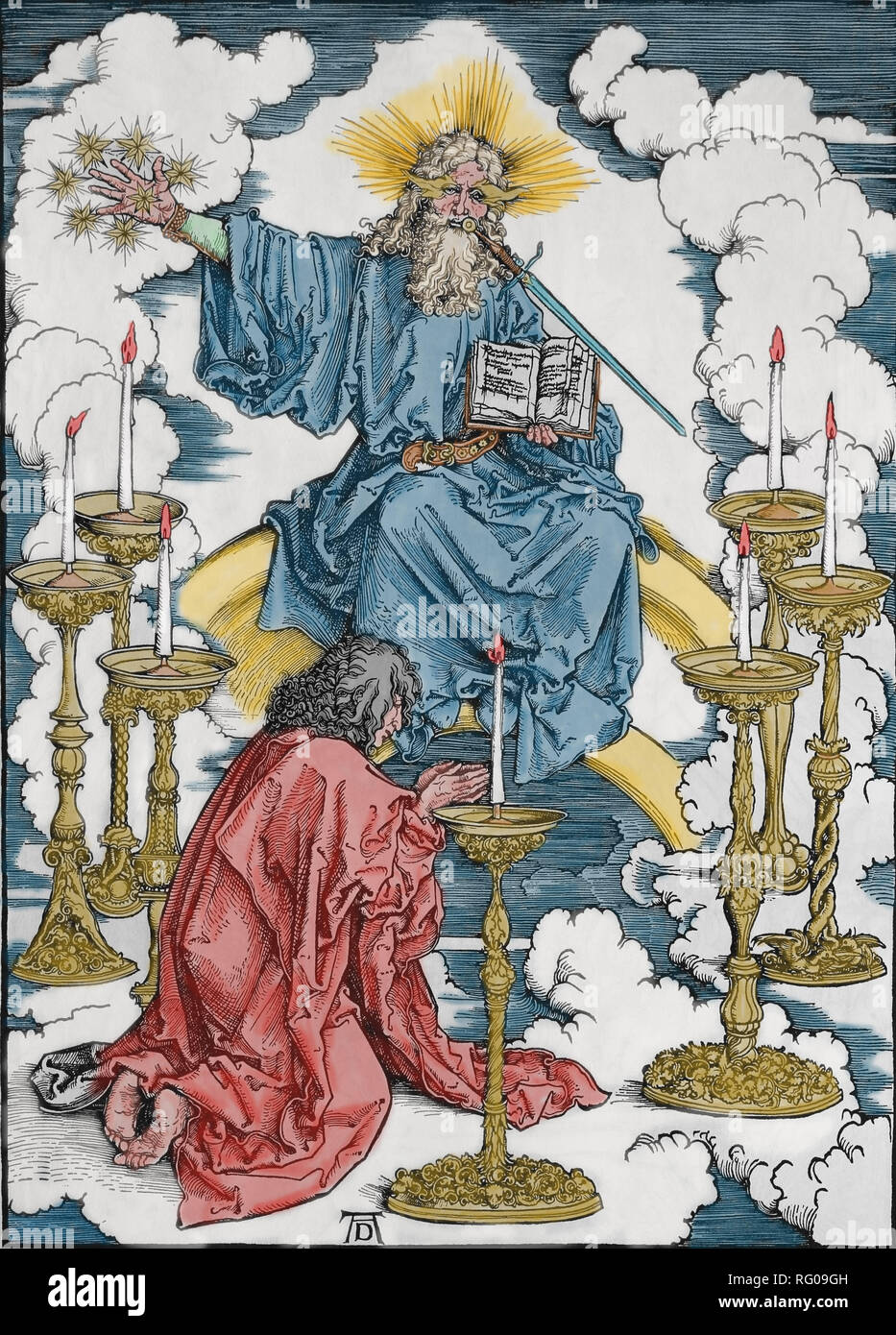 San Giovanni la visione di Cristo e i 7 candelabri. Apocalisse. Silografia di Albrecht Dürer. 1498. Foto Stock