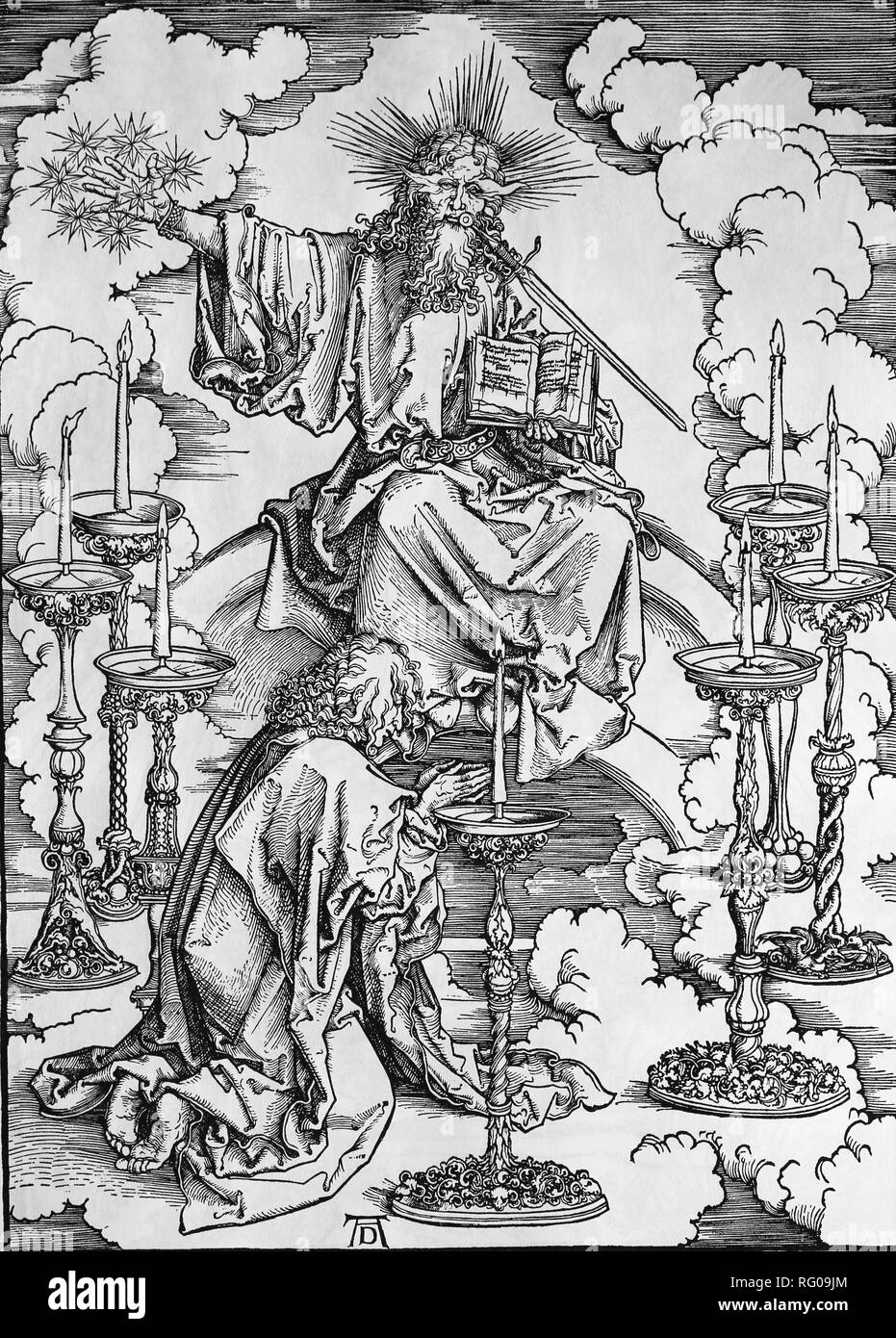 San Giovanni la visione di Cristo e i 7 candelabri. Apocalisse. Silografia di Albrecht Dürer. 1498 Foto Stock