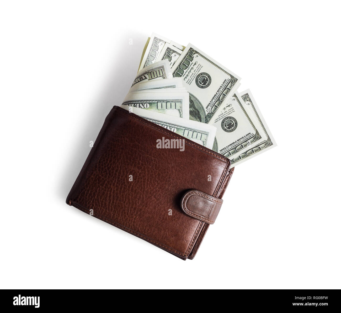 In pelle marrone con il portafoglio di dollari sul libro bianco sullo sfondo. Lay piatto. Foto Stock