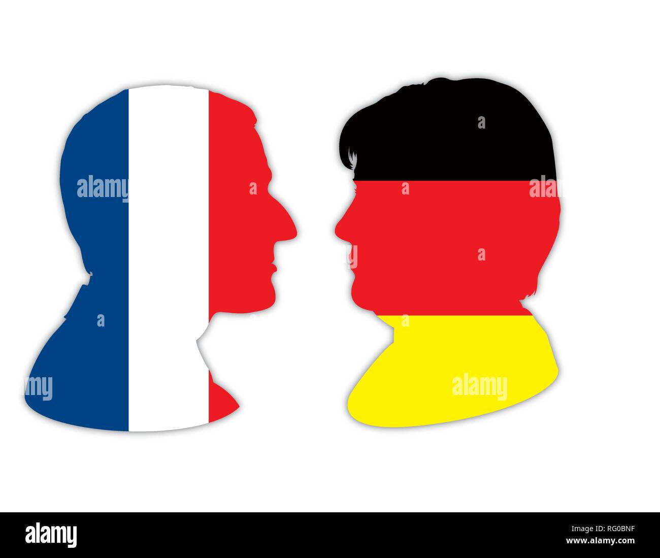 Merkel e Macron ritratto sagome con Francia e Germania bandiere, illustrazione vettoriale Illustrazione Vettoriale