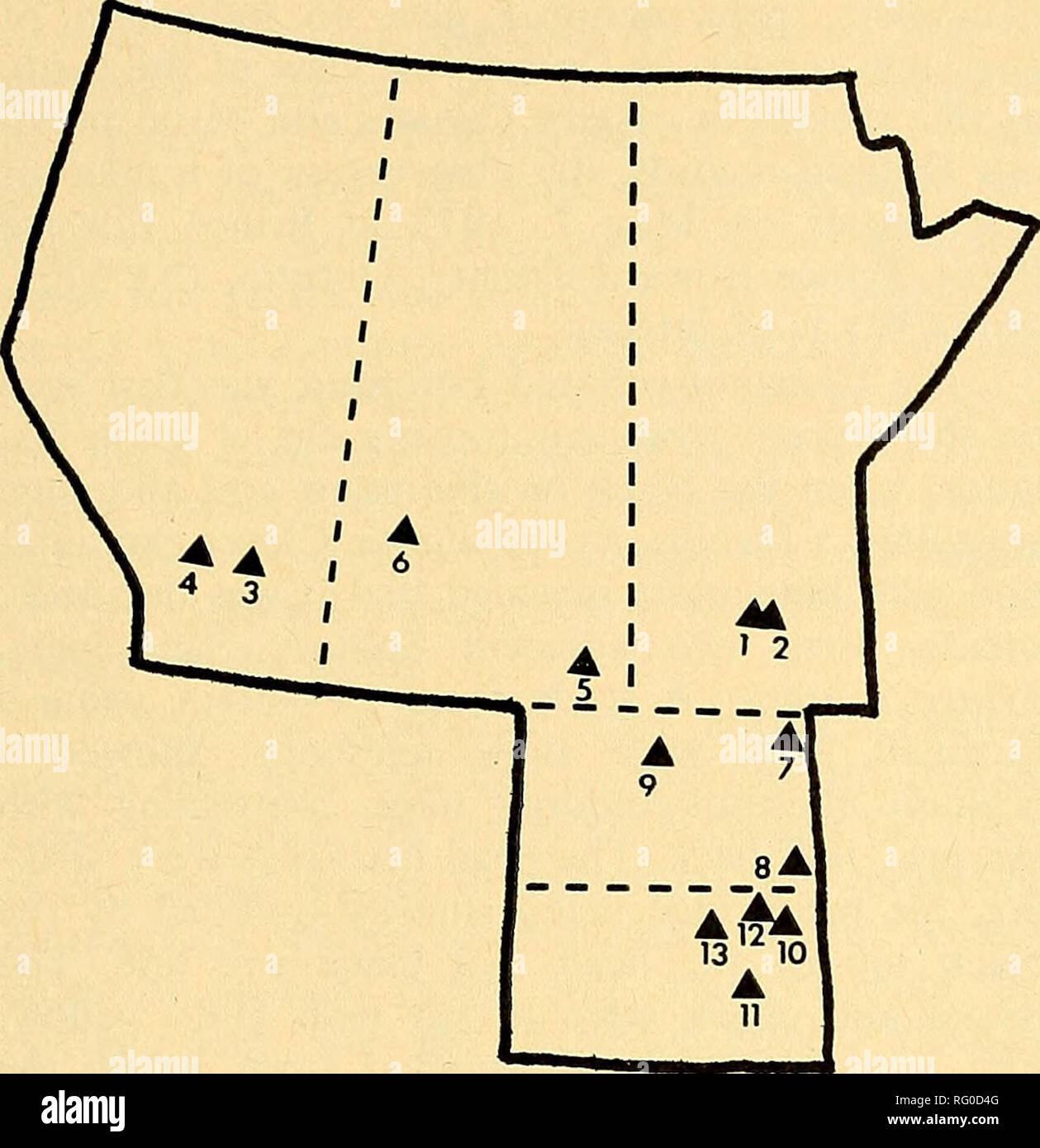 . Il campo Canadese-naturalista. Note 1972 381. La figura 1. Northern Great Plains record di nero- trampolo a collo alto. 1. Delta, Manitoba; 2. Saint-ambroise, Manitoba; 3. Brooks, Alberta; 4. Langdon (Calgary area). Alberta; 5. Areola, Saskatchewan; 6. Rose - town, Saskatchewan; 7. Grafton, North Dakota; 8. Hankinson, North Dakota; 9. J. Clark Salyer rifugio, il Dakota del Nord; 10. Waubay, South Dakota; 11. Huron, South Dakota; 12. Lungo Lago, South Dakota; 13. Roscoe, South Dakota. questi ultimi di carta prima di pubblicazione; e il dottor Roger M. Evans e il dottor Robert W. Nero per la lettura critica del manoscritto. Il Foto Stock