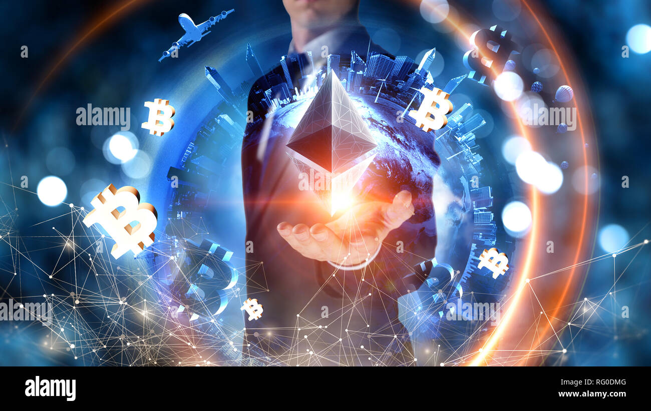 Bitcoin e Ethereum simboli astratti su sfondo blu. Il rendering 3D Foto Stock