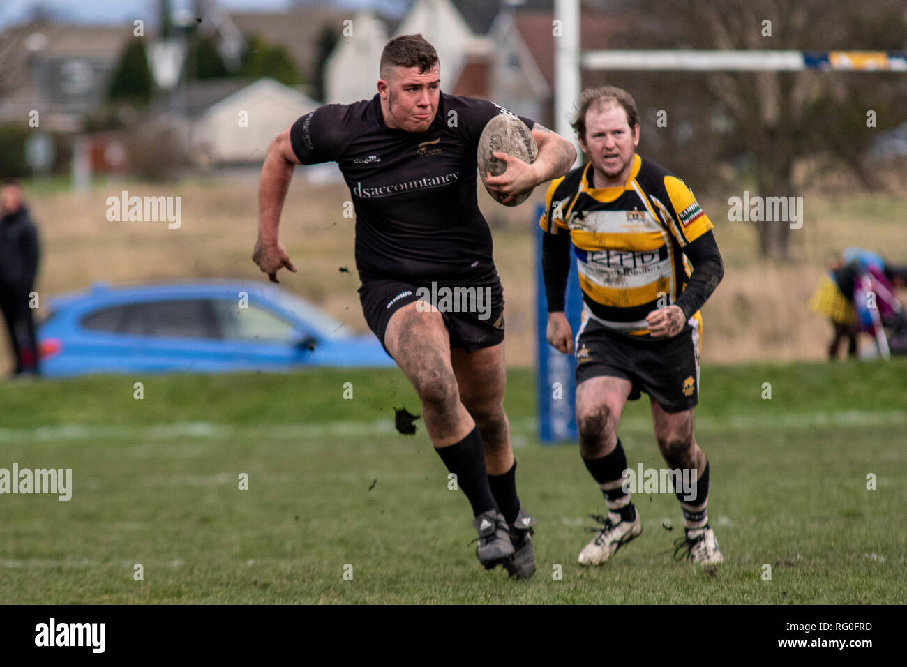 Drighlington ARLFC ospitare tutti gli ori RL presso il campo di battaglia in corallo Challenge Cup 1° round. Lewis Mitchell/tutti gli ori RL. Foto Stock