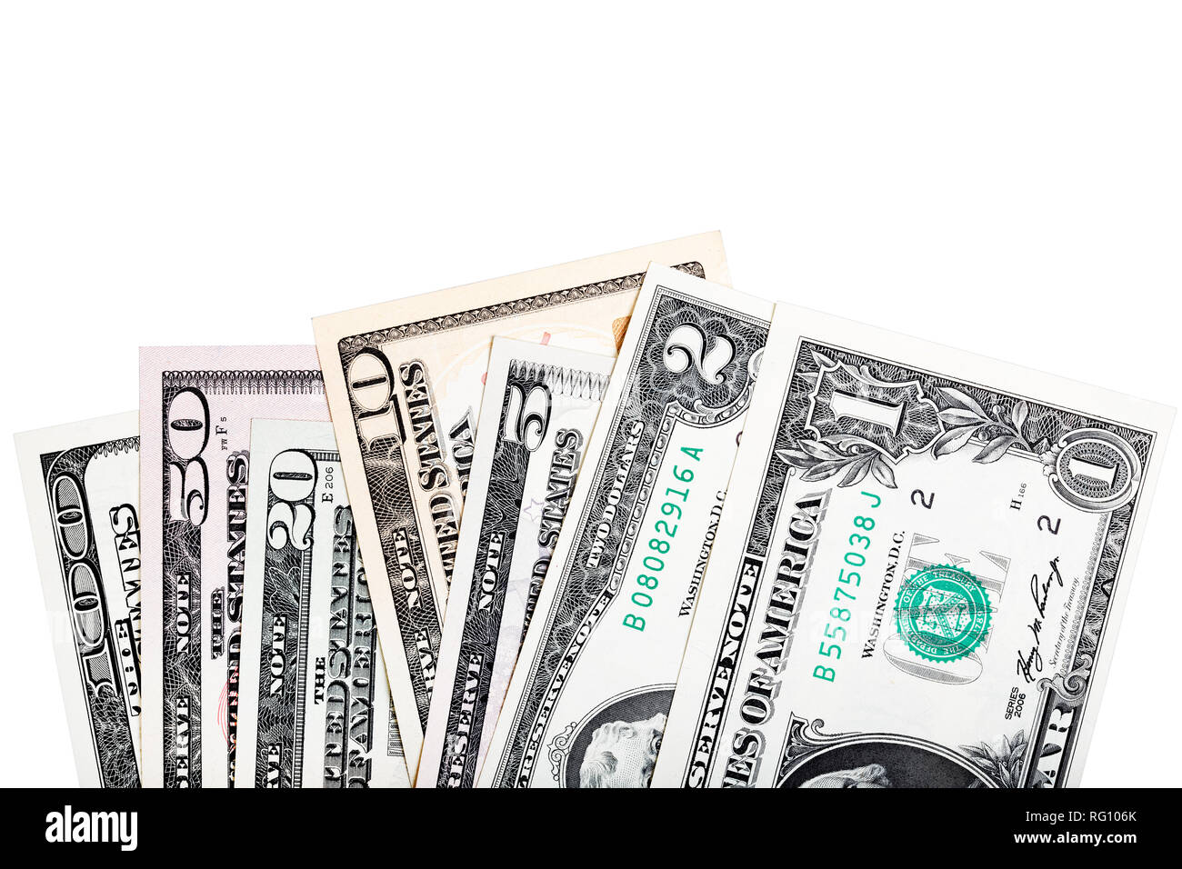 1, 2, 5, 10, 20, 50, 100 -tutti di US Dollar Bills, close-up isolato per il vostro progetto unico. Foto Stock