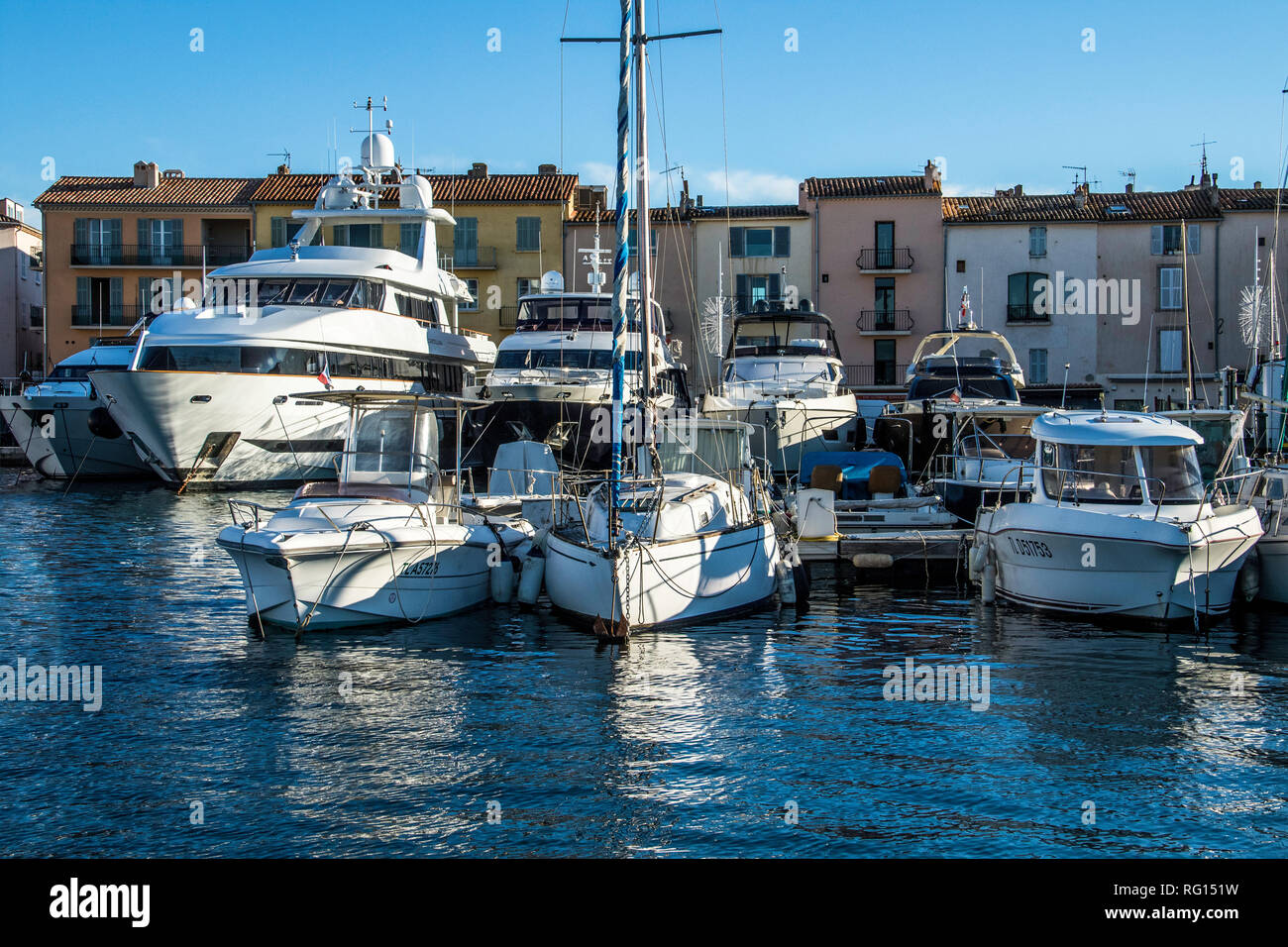 Saint Tropez, Provenza Case, spiaggia (La Ponche) Costa Azzurra gennaio, 19-29. 2019 / Port de Saint Tropez, Francia, yacht, cormorano, Seagull, sul mare Foto Stock
