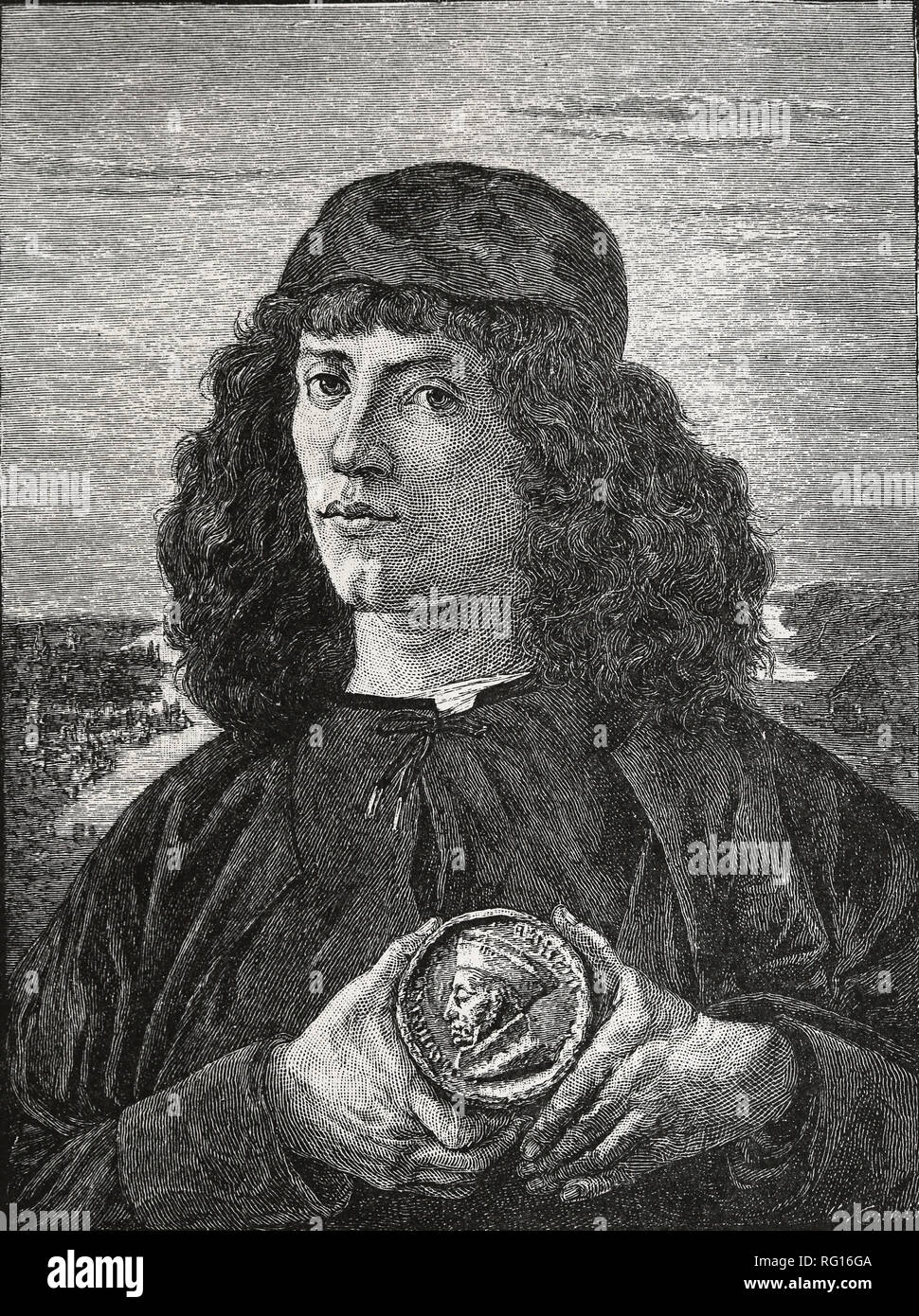 Ritratto di un uomo con una medaglia di Cosimo il Vecchio, 16 ° secolo. Dipinto di Sandro Botticelli. Copia di una incisione. Foto Stock