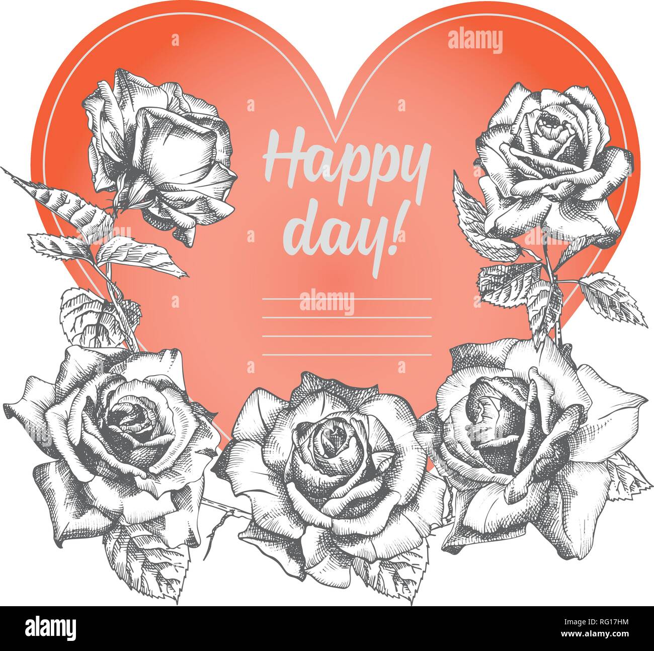 Fiore rosa schizzo in stile di incisione e cuore rosso su bianco.Vintage illustrazione vettoriale valentines day card. Sfondo di amore. Tipografia design. Lett Illustrazione Vettoriale