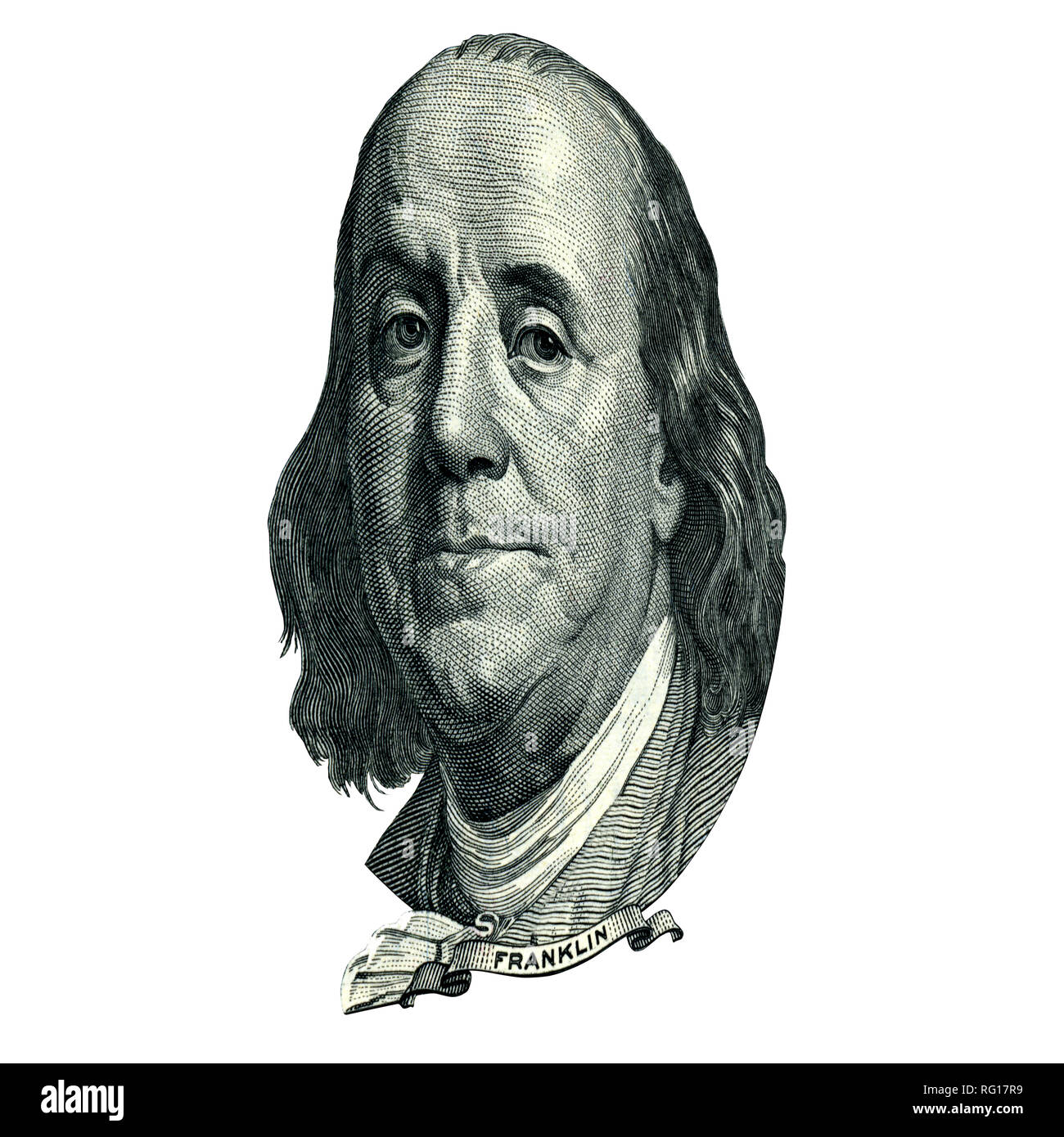 Ritratto di statista degli Stati Uniti, inventore e diplomatico Benjamin Franklin come egli guarda su un centinaio di dollari complementare. Foto a un angolo di quarantacinque gradi. Foto Stock