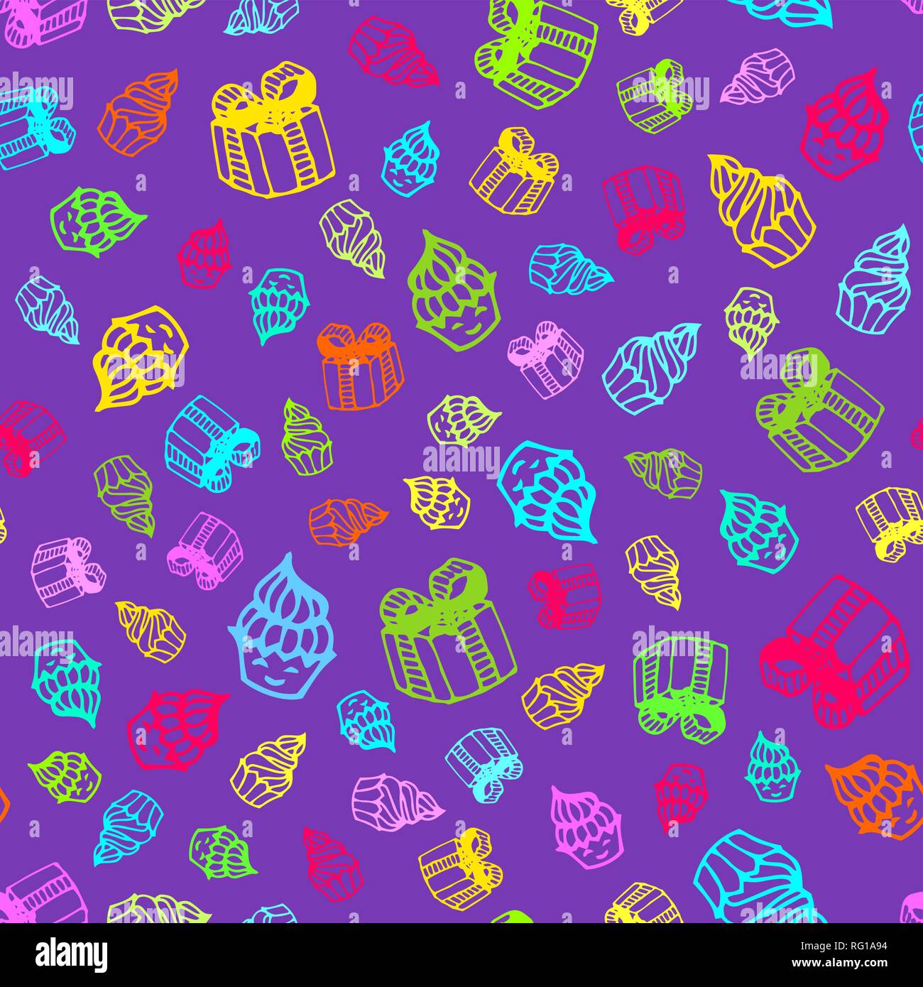 Compleanno seamless pattern in disegnati a mano in stile scarabocchio. Illustrazione Vettoriale