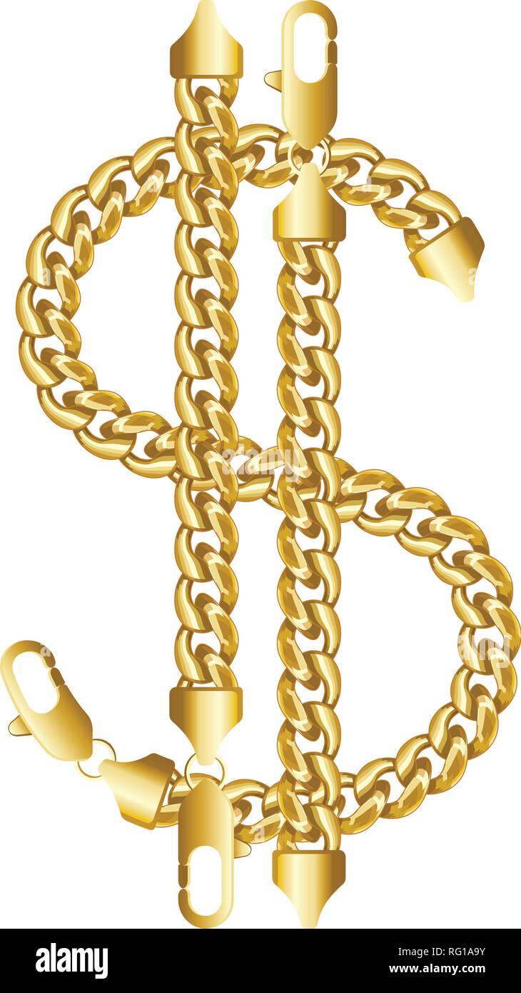 Oro dollaro americano di denaro fatti segno di lucido spessa catena dorata. Illustrazione Vettoriale