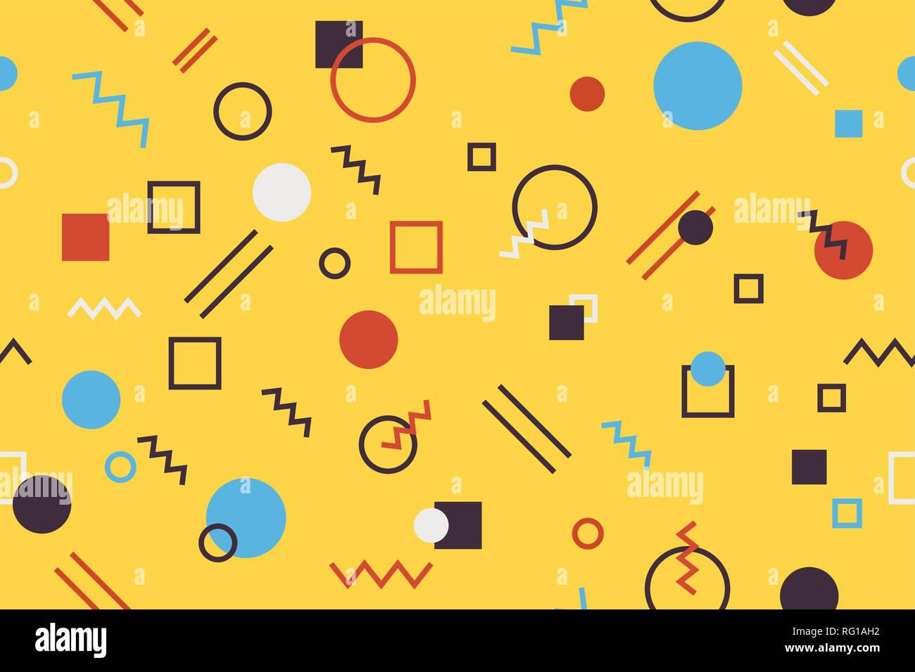 Senza cuciture, sfondo astratto modello realizzato con forme geometriche di Memphis in stile. Moderno e giocoso arte vettoriale. Rosso, blu e nero su giallo ba Illustrazione Vettoriale Senza cuciture, sfondo astratto modello realizzato con forme geometriche di Memphis in stile. Moderno e giocoso arte vettoriale. Rosso, blu e nero su giallo ba Illustrazione Vettoriale