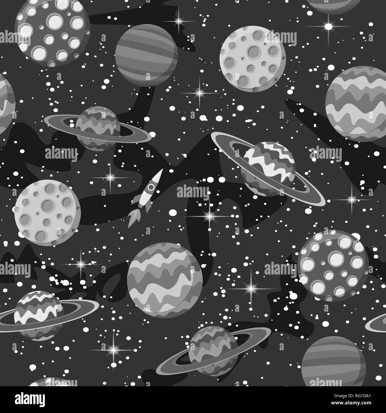 Seamless pattern pianeti monocromatica e altri oggetti spaziali su sfondo nero Illustrazione Vettoriale