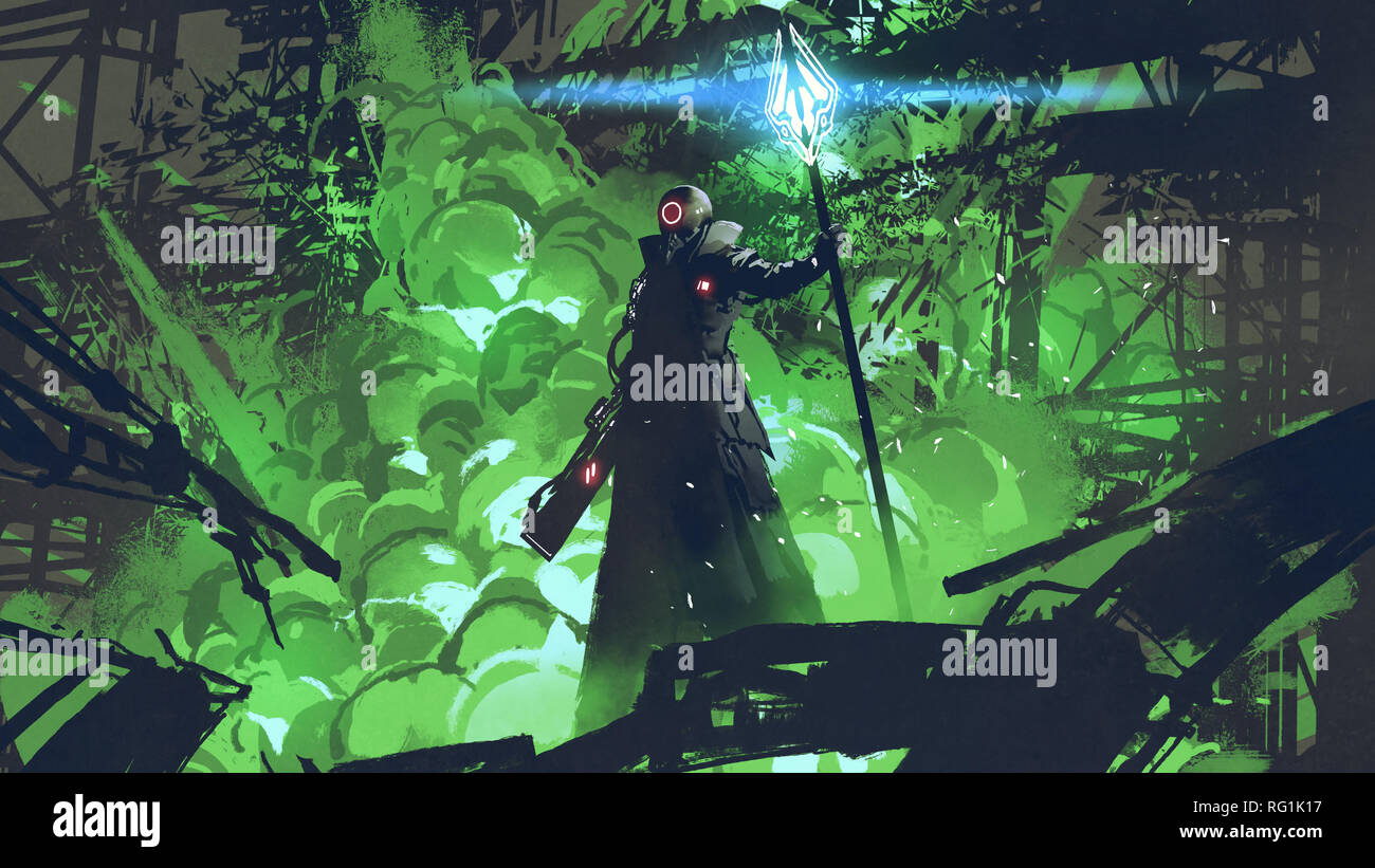 Sci-fi carattere nel mantello nero con luce permanente lancia contro verde esplosione, arte digitale stile, illustrazione pittura Foto Stock