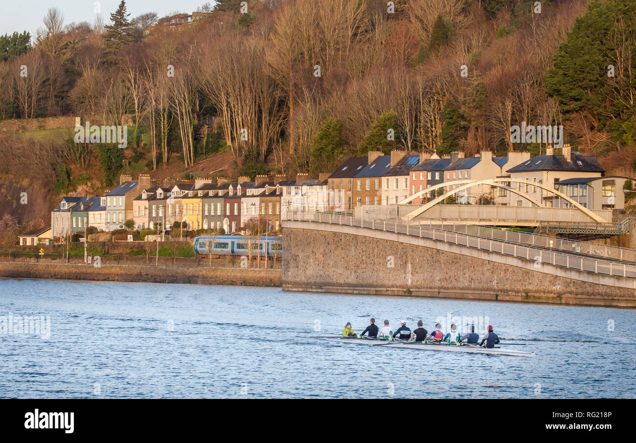 La città di Cork, Cork, Irlanda. Il 27 gennaio, 2019. I rematori da Shandon Boat Club di uomini otto team fuori sul fiume Lee passando case di mirto Terrece Hill, Lower Glanmire a Cork in Irlanda in una fredda domenica mattina di gennaio. Credito: David Creedon/Alamy Live News Foto Stock