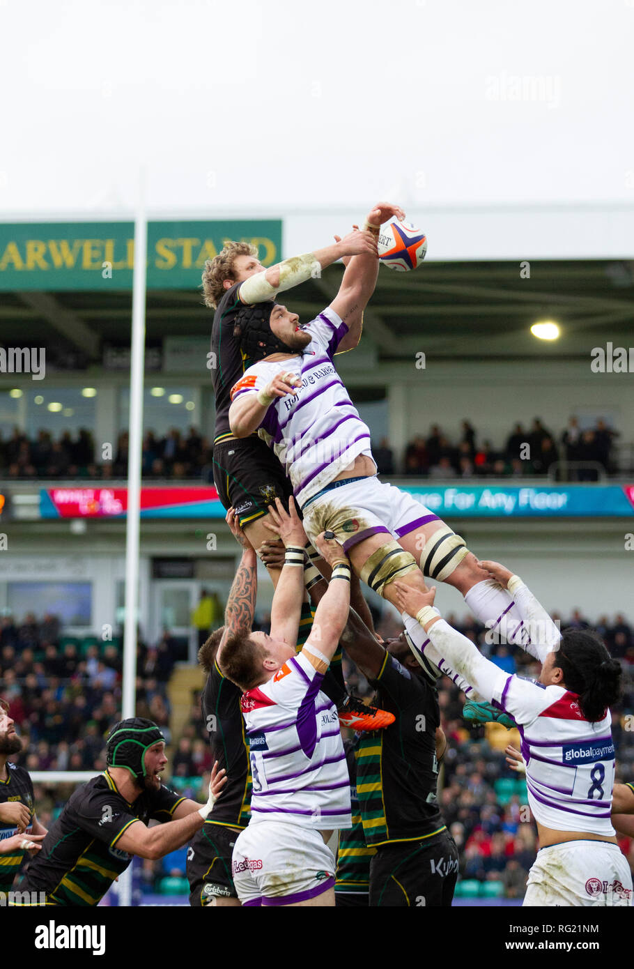 Northampton, Regno Unito. Il 26 gennaio 2019. Harry Pozzetti di compete con Jamie Gibson in una linea in uscita durante il Premiership Rugby Cup match tra santi di Northampton e Leicester Tigers. Andrew Taylor/Alamy Live News Foto Stock