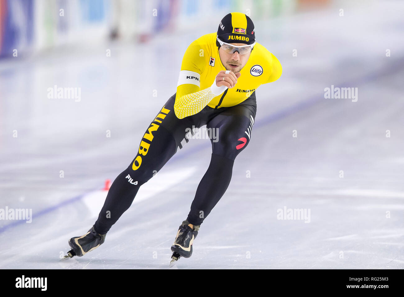 Heerenveen, Paesi Bassi. 27 gennaio, 2019. HEERENVEEN, ghiaccio Thialf Stadium, 27-01-2019 , Stagione 2018 / 2019 , olandese Allround e Sprint Campionati. 10000m allround uomini, campione allround Douwe de Vries durante il NK Allround Sprint 27 Gennaio Credito: Pro scatti/Alamy Live News Foto Stock