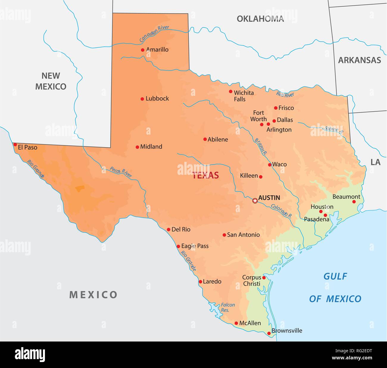 Semplice colorato dello Stato del texas fisico mappa vettoriale Illustrazione Vettoriale