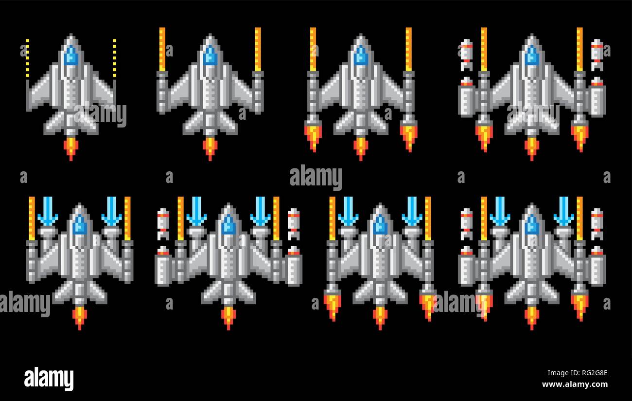 La nave spaziale Pixel arte video gioco arcade Cartoon Illustrazione Vettoriale