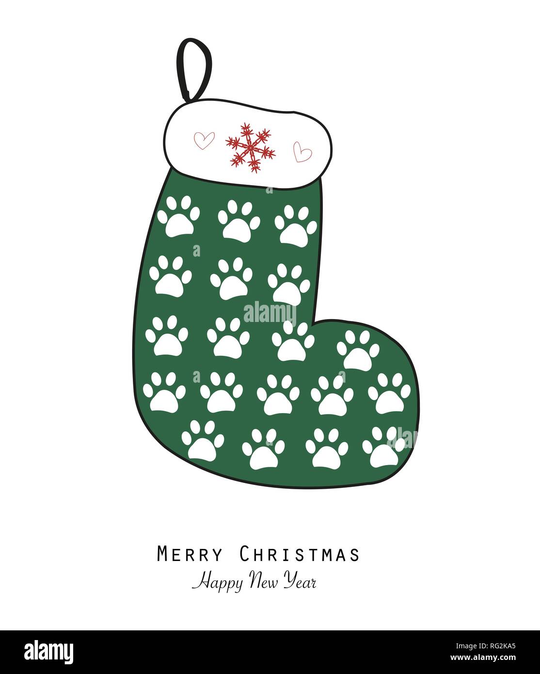 Realizzato con stampa zampa di Natale calzino zampa stampa. Buon Natale e felice anno nuovo biglietto di auguri Illustrazione Vettoriale