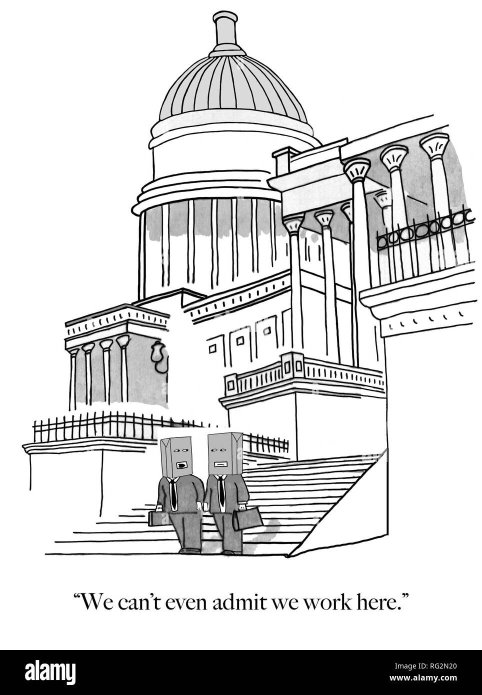 Congresso due persone indossano sacchi su capi a causa di imbarazzo circa il loro lavoro Foto Stock