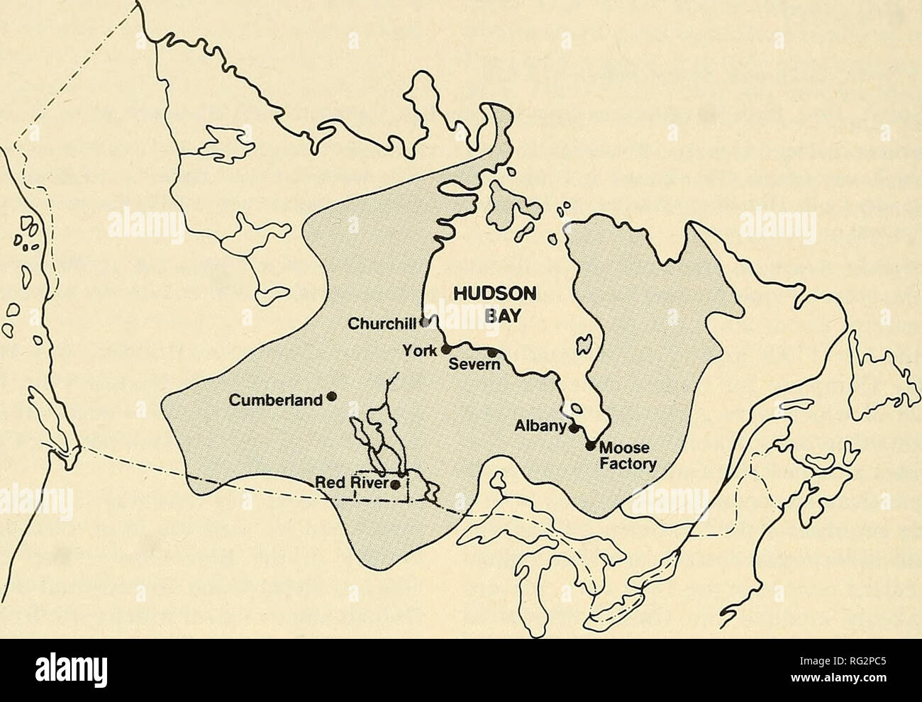 . Il campo Canadese-naturalista. 96 Il canadese Field-Naturalist Vol. 97. Figura l entità della Hudson's Bay Territory, 1670- 1870 (area ombreggiata). Mappa ridisegnata da Encyclopedia Canadiana, edito da J. E. Robbins, 1957, con il gentile permesso di Grolier Society of Canada Ltd. Elenco (1957) sono stati raccolti da James Isham e illus- quotato in George Edwards' una storia naturale di uccelli rari, volume 3 (Edwards, 1750). Loro furono tra i primi uccelli per ricevere il binomio nomi latini (Linnaeus 1758) come segue: Ardea erodiade Anas caerulescens Anas perspicillata Tetrao canadensis Tetrao phasianellu Foto Stock