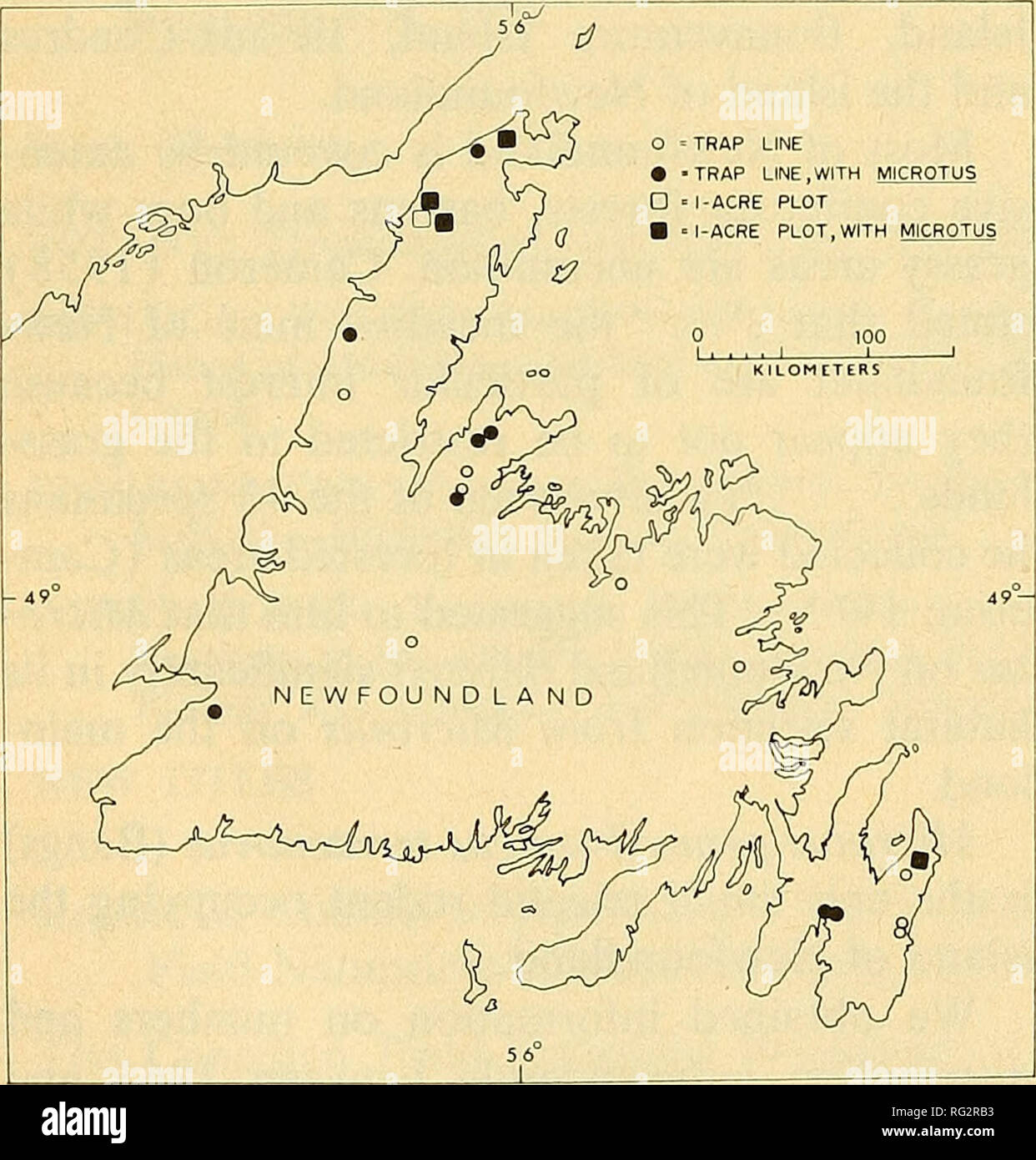 . Il campo Canadese-naturalista. Il canadese Field-Naturalist Vol. 87 tratto di Pruitt, CWS (6869-064). Ci sono grata- ful di Lorna Payne, Harvey Payne e Roger Wilson per assistenza nella trappola. Metodi e descrizione degli habitat che abbiamo impiegato due metodi di base nel col- sempre lezione di esemplari. Pruitt, dal 1965 al 1971, intrappolati standard di 1 acri di terreni con 5.700 notti trappola (TN) utilizzando Schuyler n. 3 e museo speciale trappole a scatto, (Pruitt, 1966, 1968, 1972). Folinsbee e Riewe nel 1967 3,894 (TN), Folinsbee nel 1968 1201 (TN) e a concedere nel 1968 (267 TN) utilizzando Sherman e Longworth live trap. Mus Foto Stock