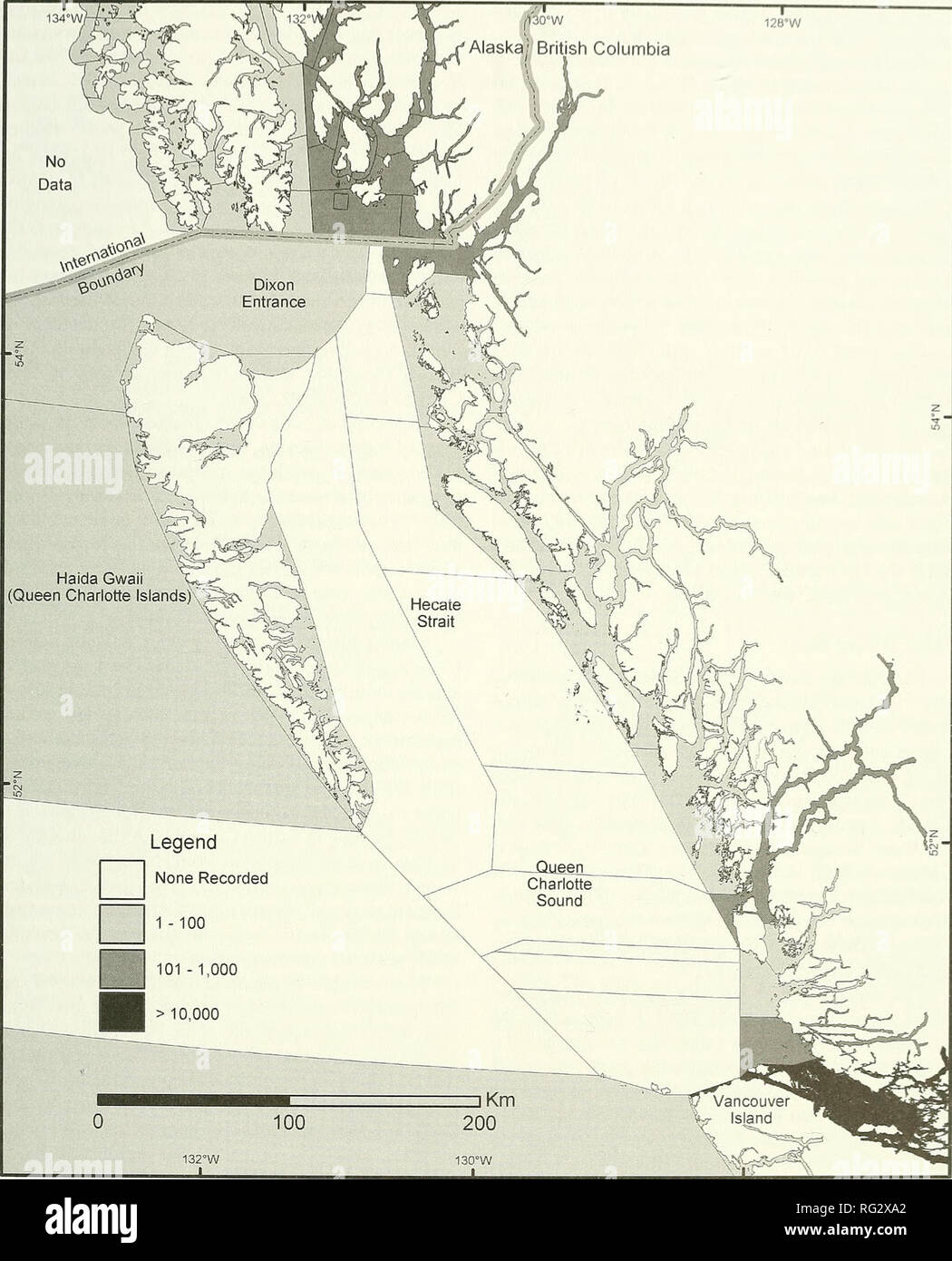 . Il campo Canadese-naturalista. 2004 Sloan e Bartier: Introdotto Specie Marine 81 TT- -1 12b-W /Alaska, " British Columbia. 132°W t  la figura 2. Mappa della British Columbia settentrionale e del sud-est Alaska regioni che mostrano la densità del salmone atlantico obser- vations. Tutti i dati sono da pesca e degli oceani del Canada il salmone atlantico guarda il programma: www.pac.dfo-mpo.gc. ca/sci/aqua/ASWP e.htm. [Accessibile Maggio, 2004]. British Columbia sono dati dal 1987 al 2002 e ripartito secondo la Pacific pesca aree di gestione e l'Alaska sono dati dal 1990 al 2002 e ripartito secondo l'Alaska Foto Stock