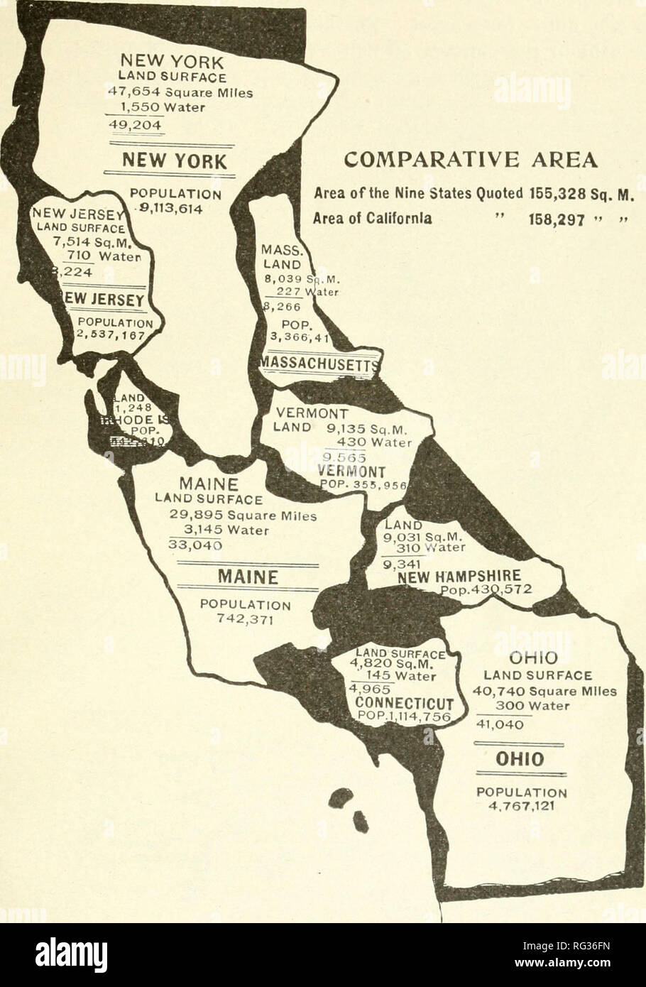 . California a base di pesce e selvaggina. Pesca -- California; gioco e gioco-uccelli -- California; Pesci -- California; popolazione animale gruppi; Pêches; Gibier; Poissons. Relazione del pesce e commissione di gioco. 21 comparativo Area Area dei nove membri citati 155,328 Sq. M. Area della California " 158,297 " ". Fig. 6. Mappa della California, Mostra area di confronto. Società. Cortesia del Pacifico meridionale per credere che la commercializzazione dei mezzi di gioco inizio extirpa- zione, la Commissione ha continuamente pronunciato a favore di una legge che vieta la vendita di tutta la partita. Leggi già di vietare la vendita di tutti i gam Foto Stock