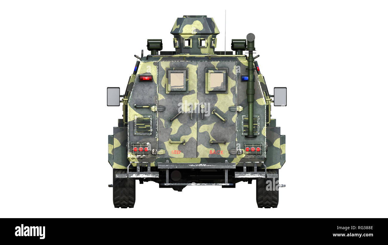 Corazzato carrello SUV, esercito antiproiettile veicolo, camo vettura militare isolato su sfondo bianco, vista posteriore, rendering 3D Foto Stock