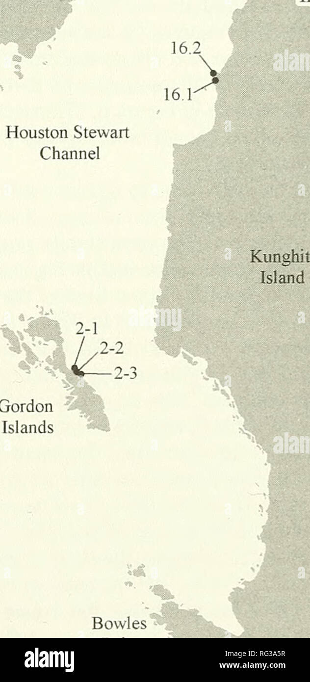 . Il campo Canadese-naturalista. SGaang Gwaii ^[% ^V^E (Anthony Isola) Moresby isola 4 chilometri di Houston Stewart canale. Inset Gordon Isole Bowles punto figura 3. Inset maps dalla figura 2 che mostra il lichen punti di campionamento 1-16 entro Gwaii Haanas (vedere tabella 1).. Si prega di notare che queste immagini vengono estratte dalla pagina sottoposta a scansione di immagini che possono essere state migliorate digitalmente per la leggibilità - Colorazione e aspetto di queste illustrazioni potrebbero non perfettamente assomigliano al lavoro originale. Ottawa Field-Naturalists' Club. Ottawa, Ottawa Field-Naturalists' Club Foto Stock