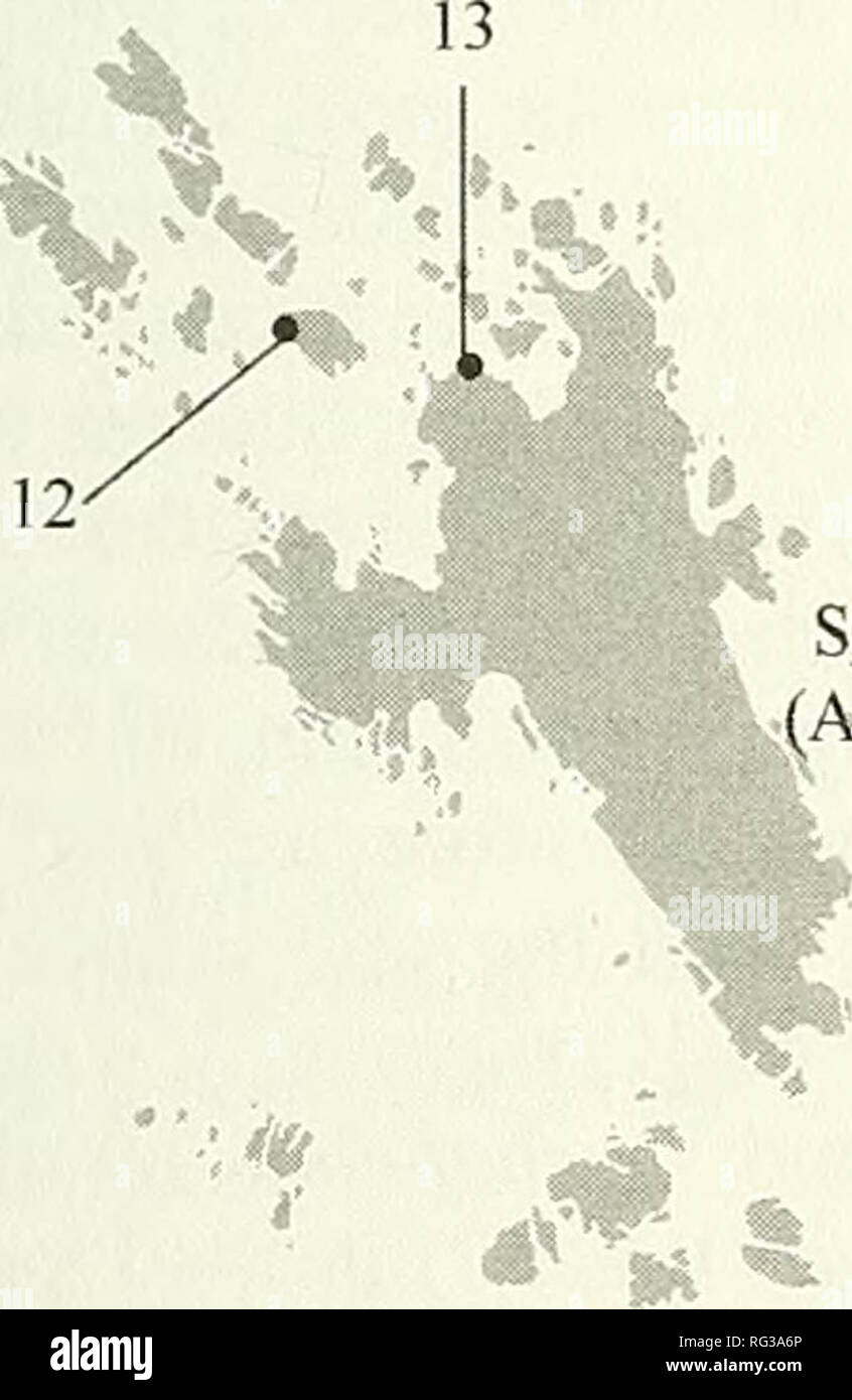 . Il campo Canadese-naturalista. 2003 Brodo e Sloan: Lichen zonazione su rocce costiere 409 W| 1 Buniabv t Island -^Â"^ 15-Pelican T oint Inset 1 ^1 1 Ofrr^' 14 â - M B ^^ E %ncuttlen^^ ^^/^ |Â" âº H B â w^^L' ^^V^^^H s 1 Hecate ^Vli ^^^^^^P^ 1 falegname ^ " punto Ingraham Bay io , Wm 1 ^1 1 â EKIoresby mi^IK;:. Isola c ^^^io"^ , 1-Ellen Isola Isola Kunghit 4 0 5 chilometri di Houston &LT;o"" *riscaldatore -5-Porto OrionPoint ^^^^^H l^^^^^l i f *Si. SGaang Gwaii ^[% ^V^E (Anthony Isola) Moresby isola 4 chilometri di Houston Stewart canale. Si prega di notare che queste immagini sono e Foto Stock