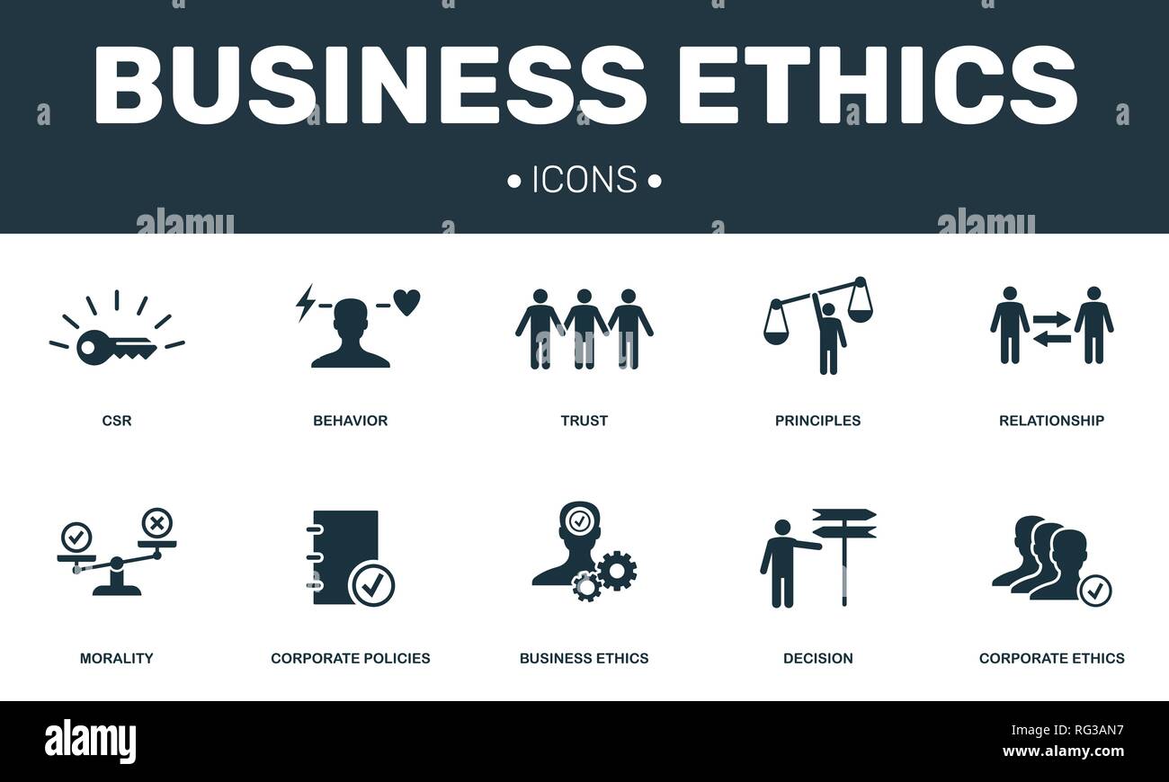 Business Ethics impostare raccolta di icone. Include elementi semplici come la RSI, comportamento, fiducia, principi e moralità icone premium. Illustrazione Vettoriale