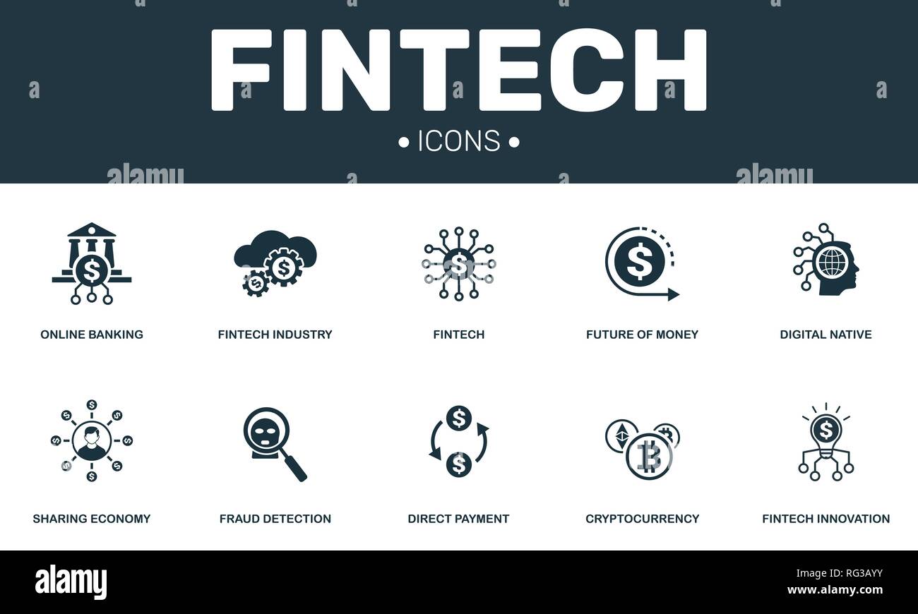 Set di Fintech raccolta di icone. Include elementi semplici come il futuro del denaro, Digital native, Cryptocurrency e il pagamento diretto delle icone premium. Illustrazione Vettoriale