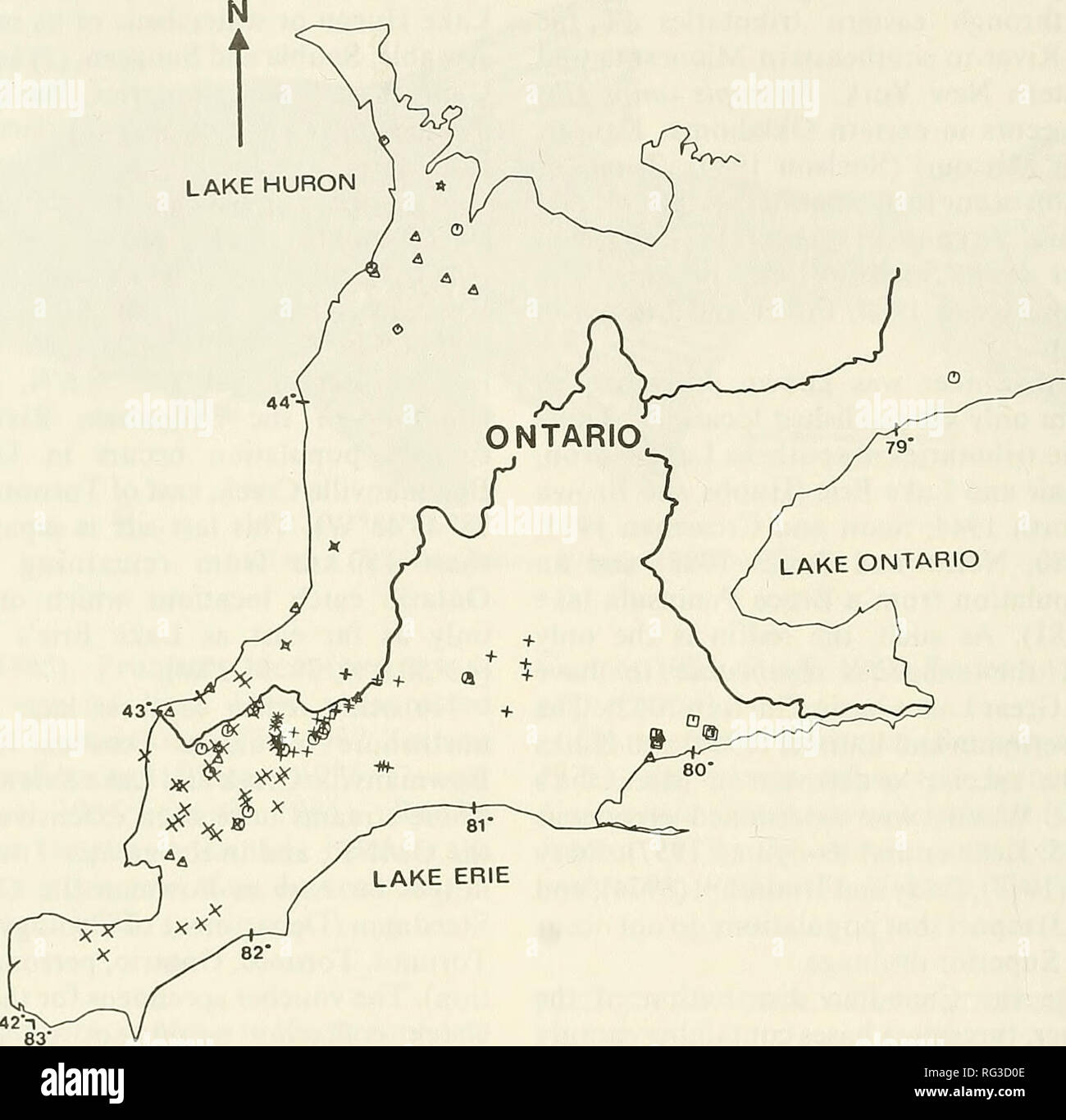 . Il campo Canadese-naturalista. 204 Il canadese Field-Naturalist Vol. 103. La figura 3. Mappa della distribuzione canadese del Redfin Shiner, Notropis umbratilis. Linee pesanti rappresentano il lago di spartiacque confini. Le posizioni corrispondono ai record di raccolta {vedi Noltie 1987) e sono mappati da reporting organizzazione come segue: cerchio = Museo Nazionale di Scienze Naturali; Triangolo = Royal Ontario Museum; + = Alymer District, Ontario Ministero delle Risorse Naturali (OMNR) X = Chatham distretto, OMNR; Diamond = Owen Sound District, OMNR Square = Simcoe distretto, OMNR; altri = Wingham distretto, OMNR St Foto Stock