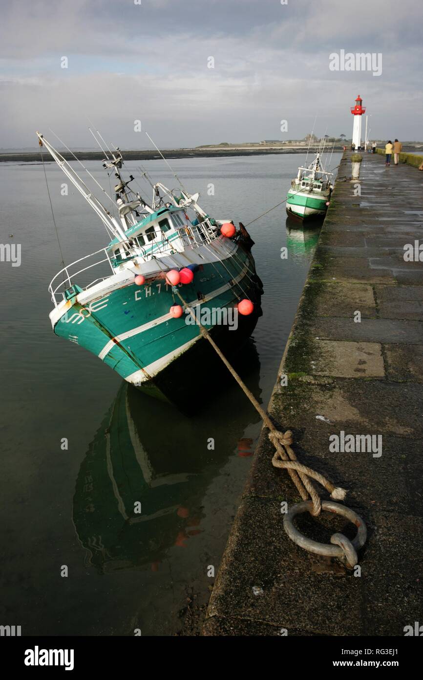 FRA, Francia Normandia: barche da pesca nel porto di San Vaast La Hougue, con la bassa marea. Dietro la piccola isola di Tatihou. Foto Stock