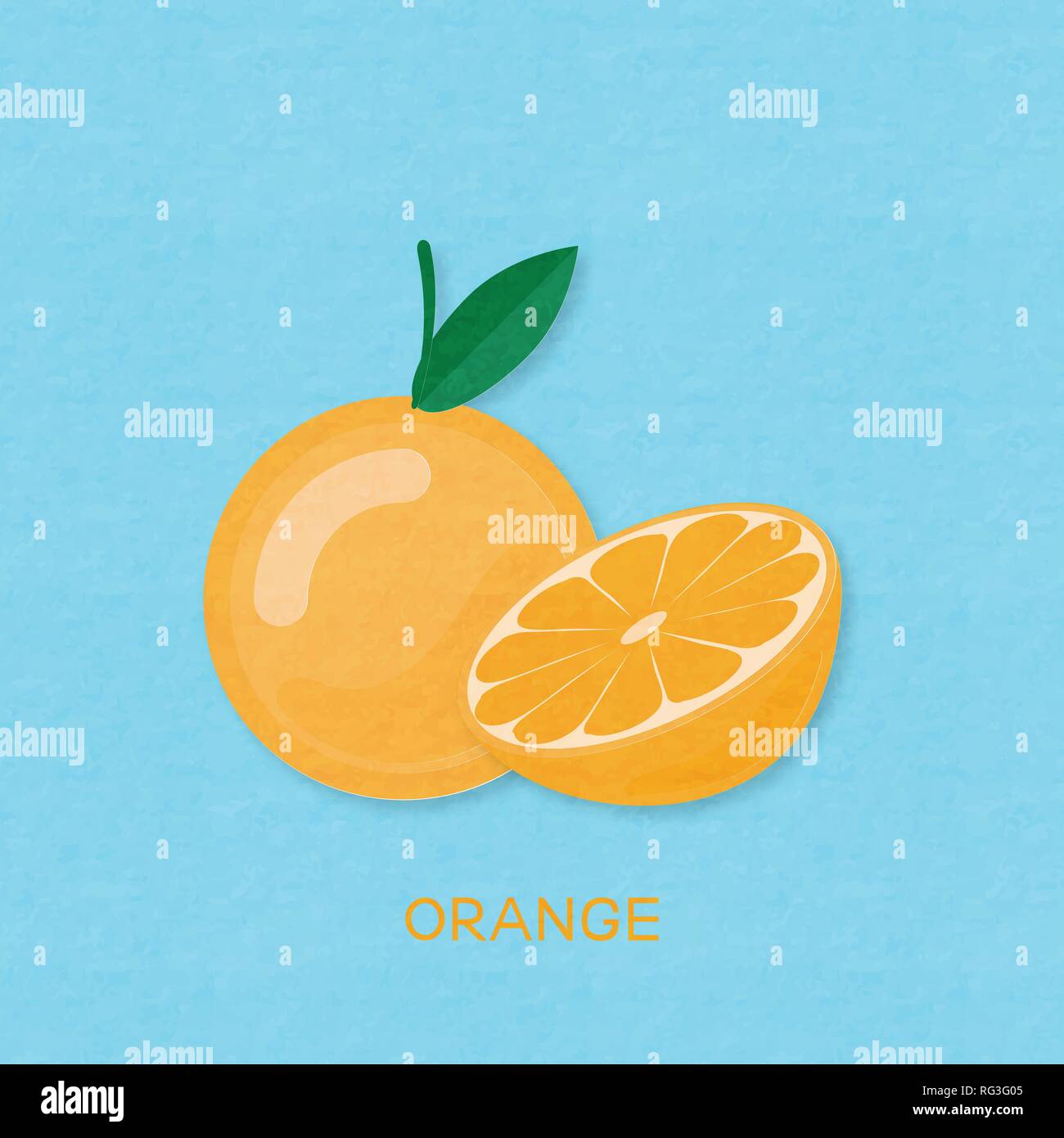 Creative illustrazione vettoriale di frutti di colore arancione e arance la metà. Su sfondo blu con carta a trama. Carta digitale arte artigianato papercut stile. Illustrazione Vettoriale