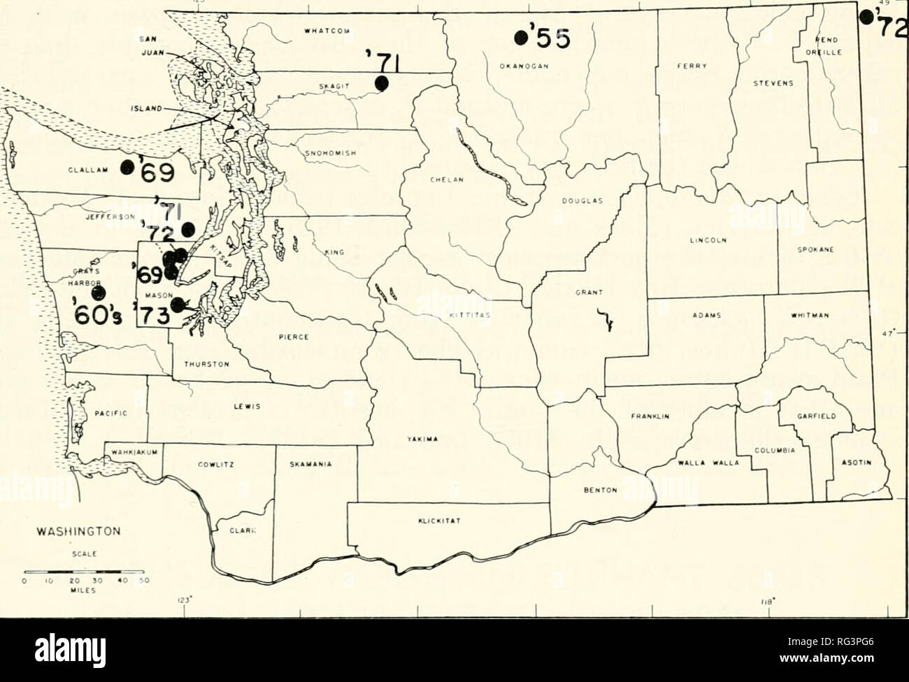 . California a base di pesce e selvaggina. Pesca -- California; gioco e gioco-uccelli -- California; Pesci -- California; popolazione animale gruppi; Pêches; Gibier; Poissons. Lo stato di Fisher 309 T65N K5W, Marzo 4, 1972 da Dave Freddy, Università di Idaho, appena al di là della Washington-Idaho linea di stato. Un vecchio record per un fisher con due kit è registrata per il Okanogan National Forest per l'anno 1955, T39N R21e Sez. 34, Okanogan cortesia. Apparentemente, la Fisher è raramente visto in Washington e sembra essere assente dal lialf meridionale e la metà orientale dello stato (figura 3). Tutti i record di fisher Foto Stock