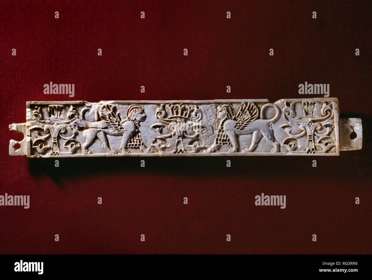 Sfingi e gli alberi: Nimrud Avorio da Camera SW37 Fort Shalmaneser entro la città assira di Nimrud, Iraq, fotografata nel Fitzwilliam Museum di Cambridge Foto Stock