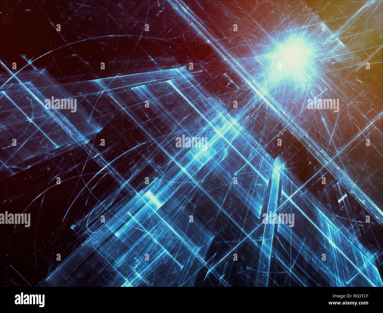 Tecnologia - sfondo incandescente nella griglia di scuro e raggi burst. Abstract 3d'illustrazione. Arte frattale: avveniristica struttura in vetro con effetti di luce. Per Foto Stock