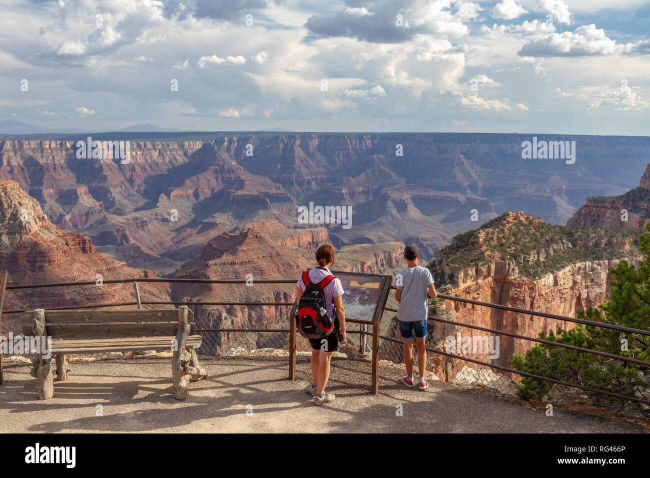 I turisti ammirando la vista dal Capo Royal Viewpoint, Grand Canyon North Rim, Arizona, Stati Uniti. Foto Stock