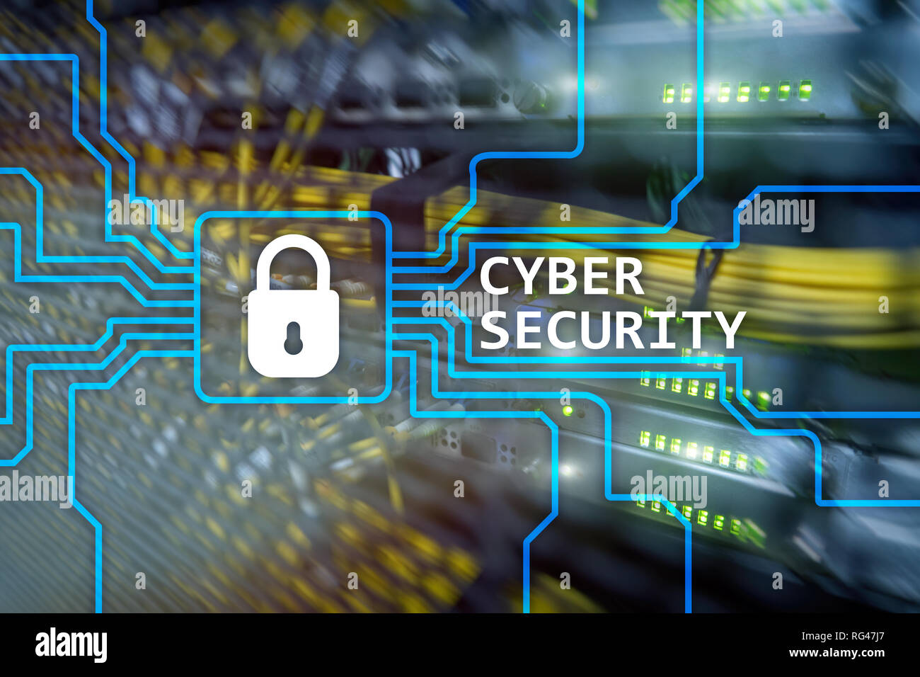 Cyber security, informazioni privacy e protezione dei dati concetto sulla sala server sullo sfondo Foto Stock