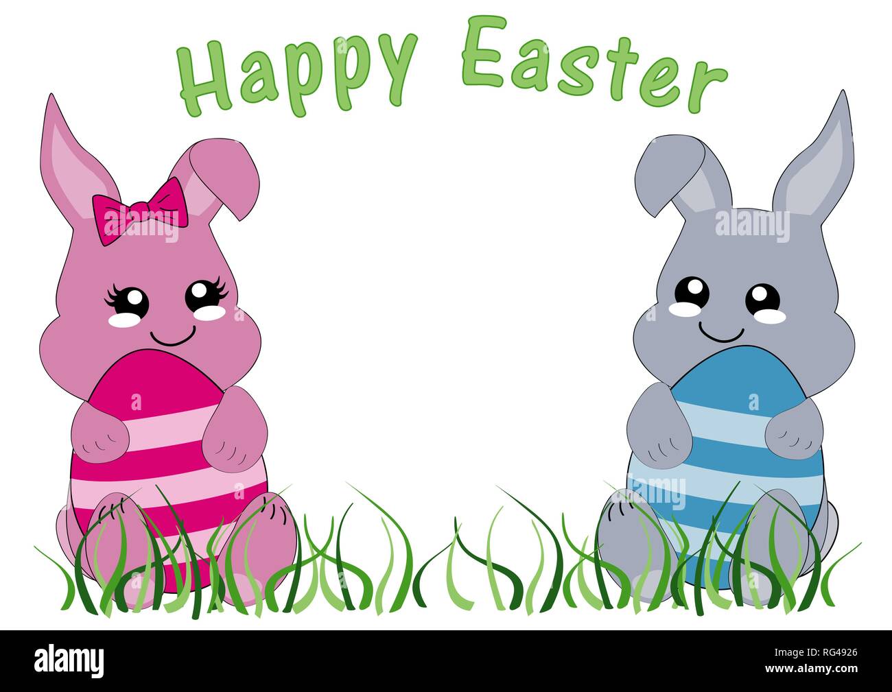 Kawaii Easter Card con Bunny girl, bunny boy e il testo felice Pasqua. File vettoriale EPS 10 Illustrazione Vettoriale