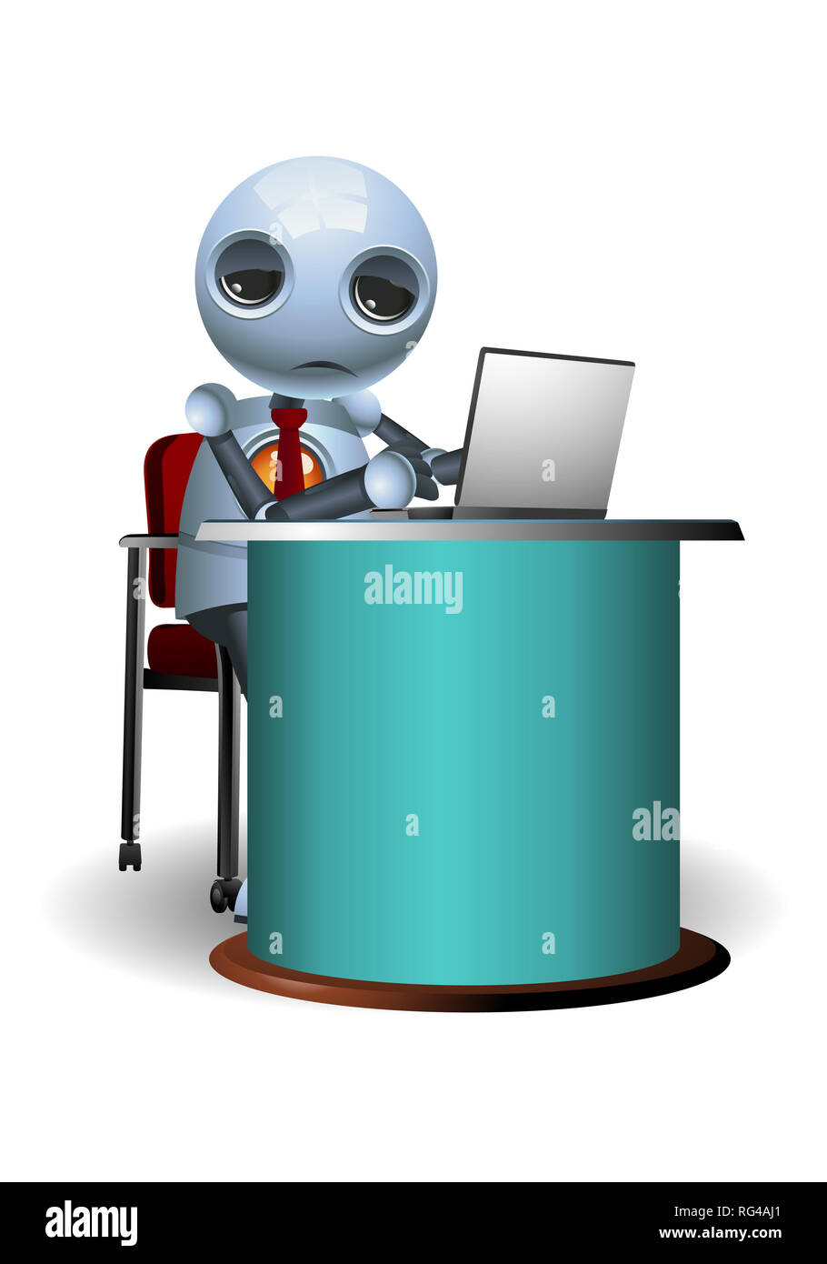 Illustrazione di un piccolo robot business stanchi di lavorare sulla isolato sfondo bianco Foto Stock