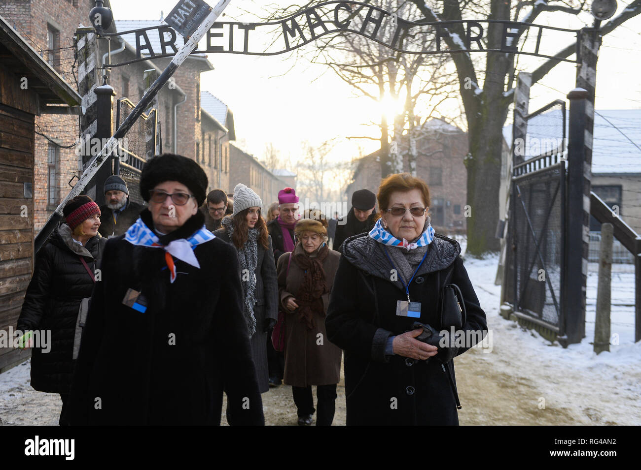 I sopravvissuti di Auschwitz sono visti attraversando il famoso cancello durante 74anniversario della liberazione di Auschwitz e l'olocausto Giorno del Ricordo. Il tedesco più grande campo di lavoro e sterminio nazista KL Auschwitz-Birkenau fu liberata da parte dell'Armata Rossa il 27 gennaio 1945. Foto Stock