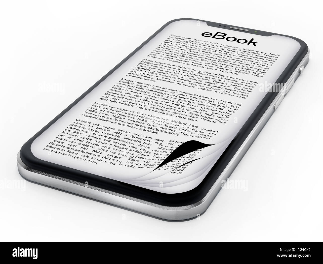 Pagina di libro sulla schermata dello smartphone isolati su sfondo bianco. 3D'illustrazione. Foto Stock